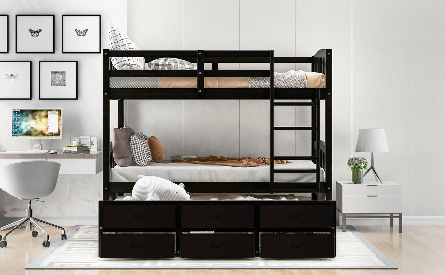 Shared Room Solution Twin Over Twin Wood Bunk Bed with Trundle and Drawers, Espresso | Just Better Bunk Beds