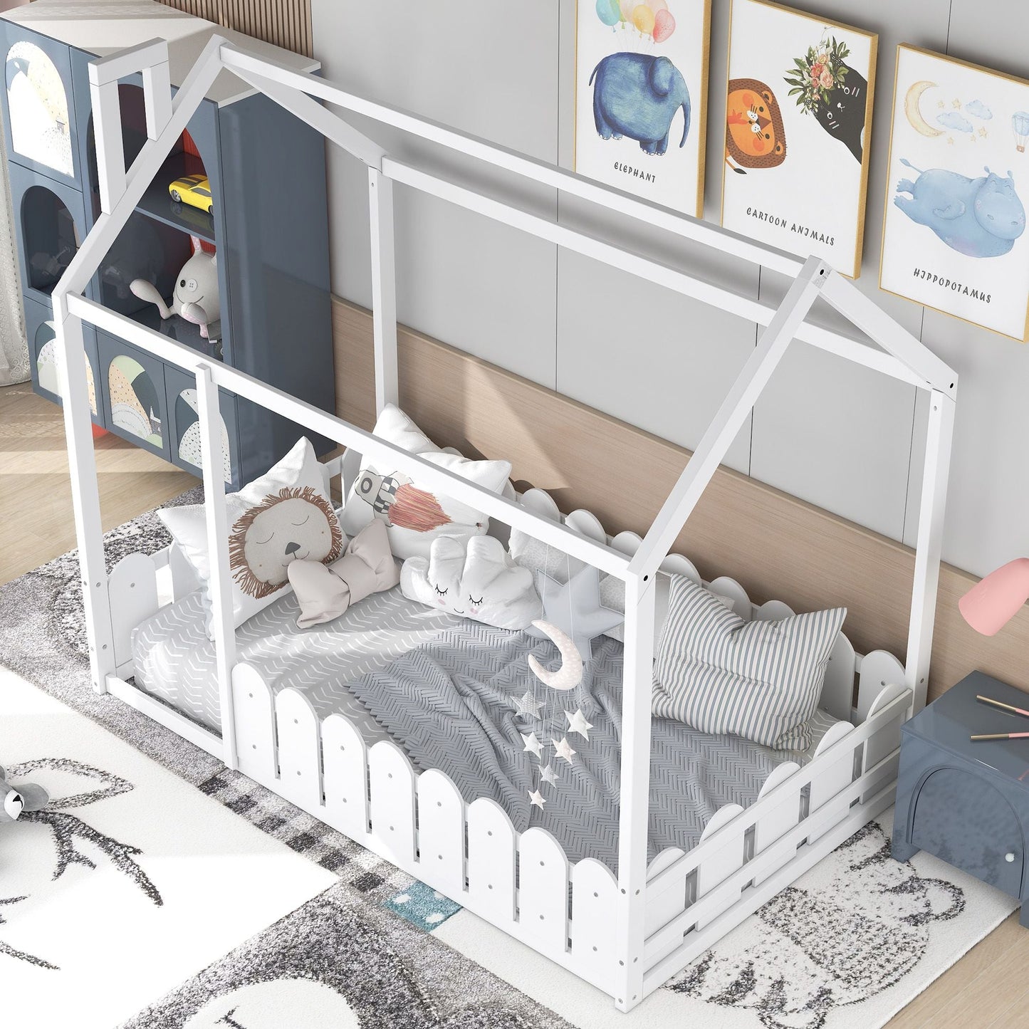 House-Style Twin Wood Bed Frame with Fence for Kids and Teens, Espresso, Gray, White | Just Better Bunk Beds