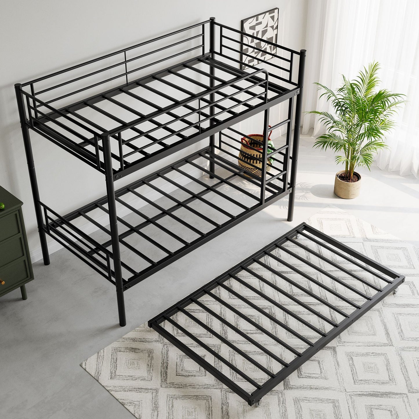 Space-Saving Twin Metal Bunk Bed with Trundle, Ladder, and Guardrail, Black | Just Better Bunk Beds