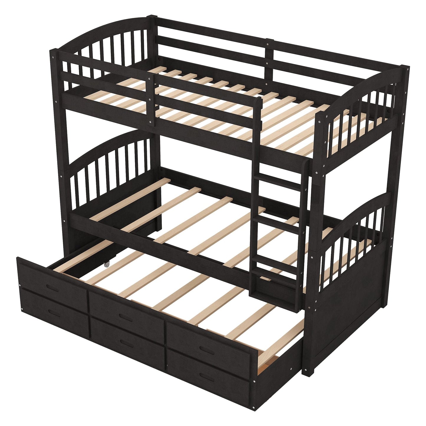 Shared Room Solution Twin Over Twin Wood Bunk Bed with Trundle and Drawers, Espresso | Just Better Bunk Beds
