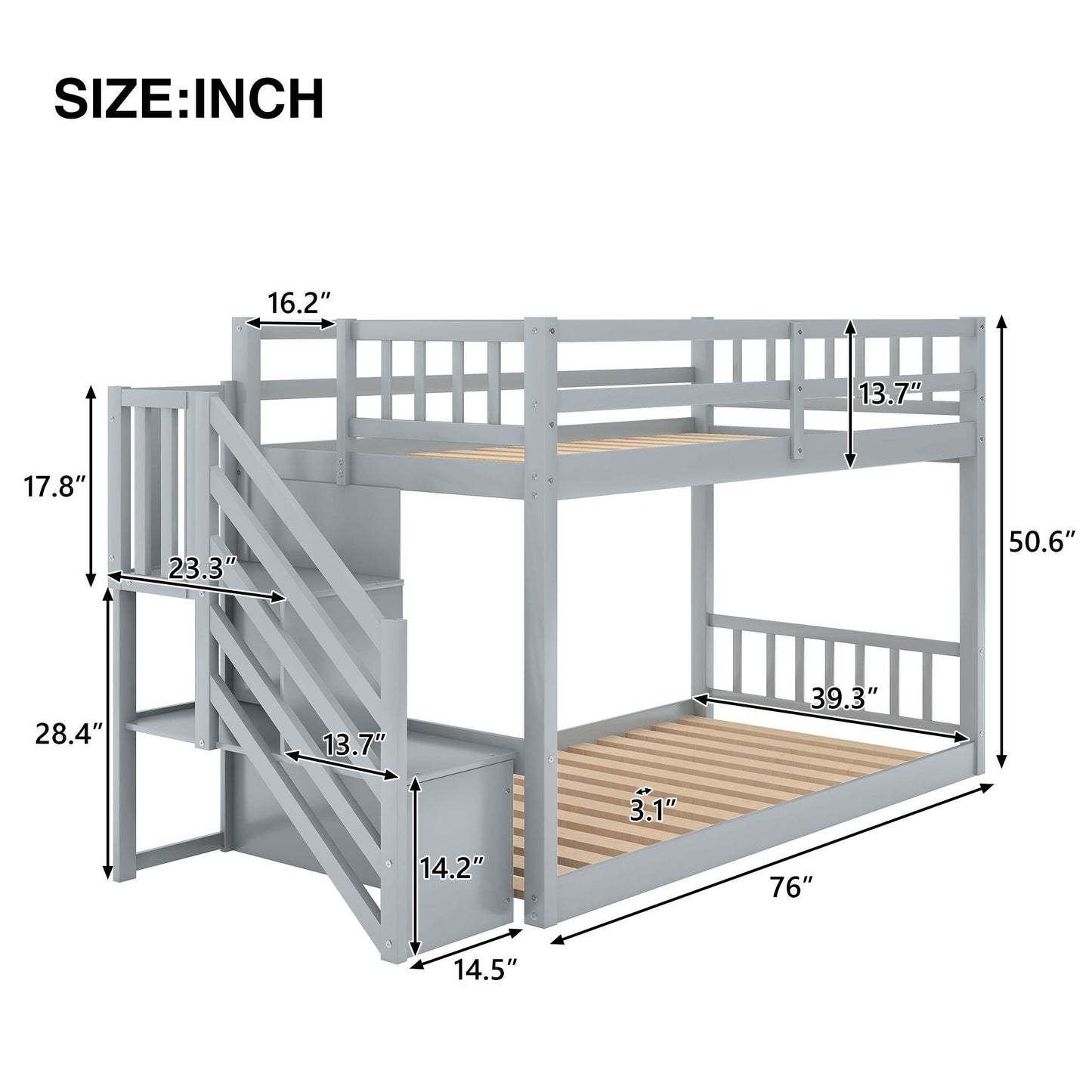 Floor-Level Twin Over Twin Wood Bunk Bed with Ladder and Storage, White | Just Better Bunk Beds