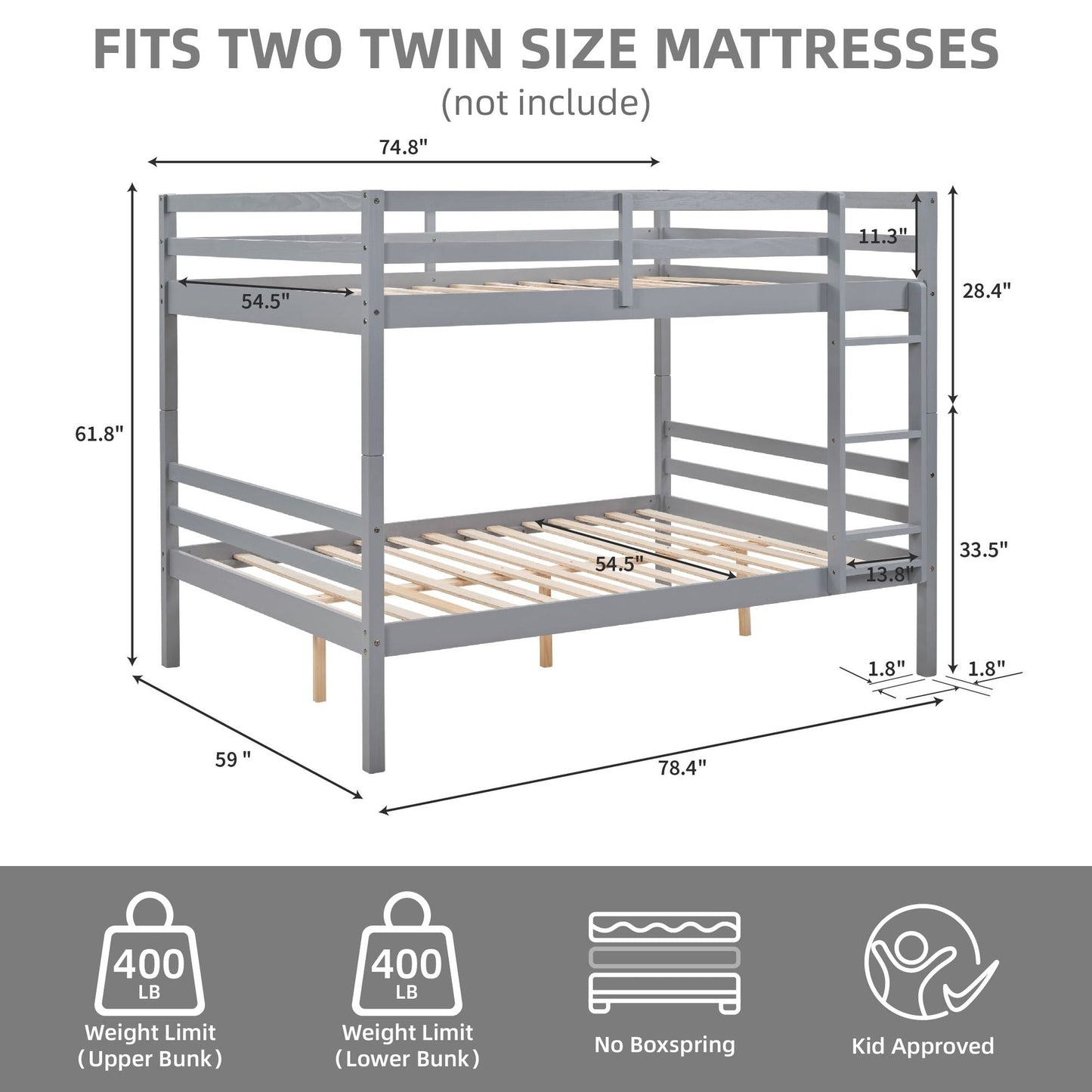 Space-Saving Full Over Full Wood Bunk Bed, Gray with Ladder and High Guardrail | Just Better Bunk Beds