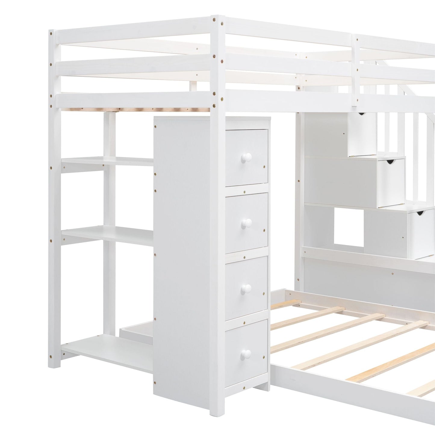 Storage Staircase Twin Over Full Wood Bunk Bed with 3-Layer Shelves and Drawers, White | Just Better Bunk Beds