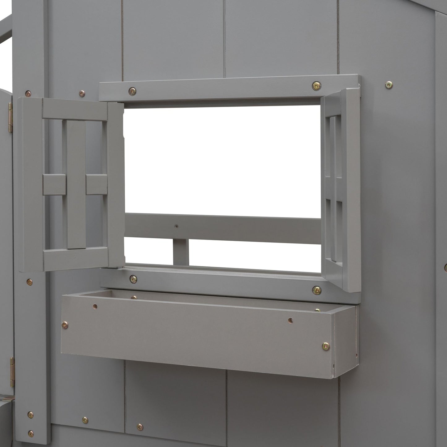 House-Style Twin Over Twin Wood Bunk Bed with Roof, Window, Door, and Ladder, Multiple Colors | Just Better Bunk Beds