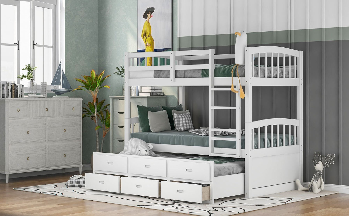 Space-Saving Twin Over Twin Wood Bunk Bed with Trundle and Drawers, White | Just Better Bunk Beds