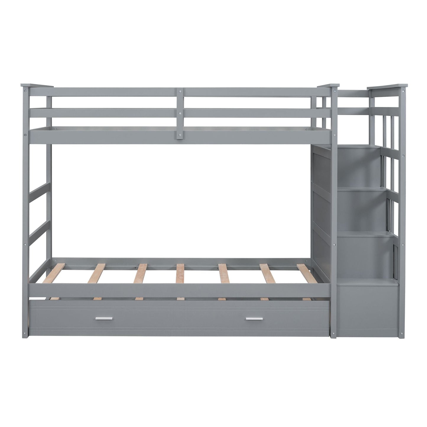 Shared Room Solution Twin Over Twin Wood Bunk Bed with Trundle and Staircase, Gray | Just Better Bunk Beds