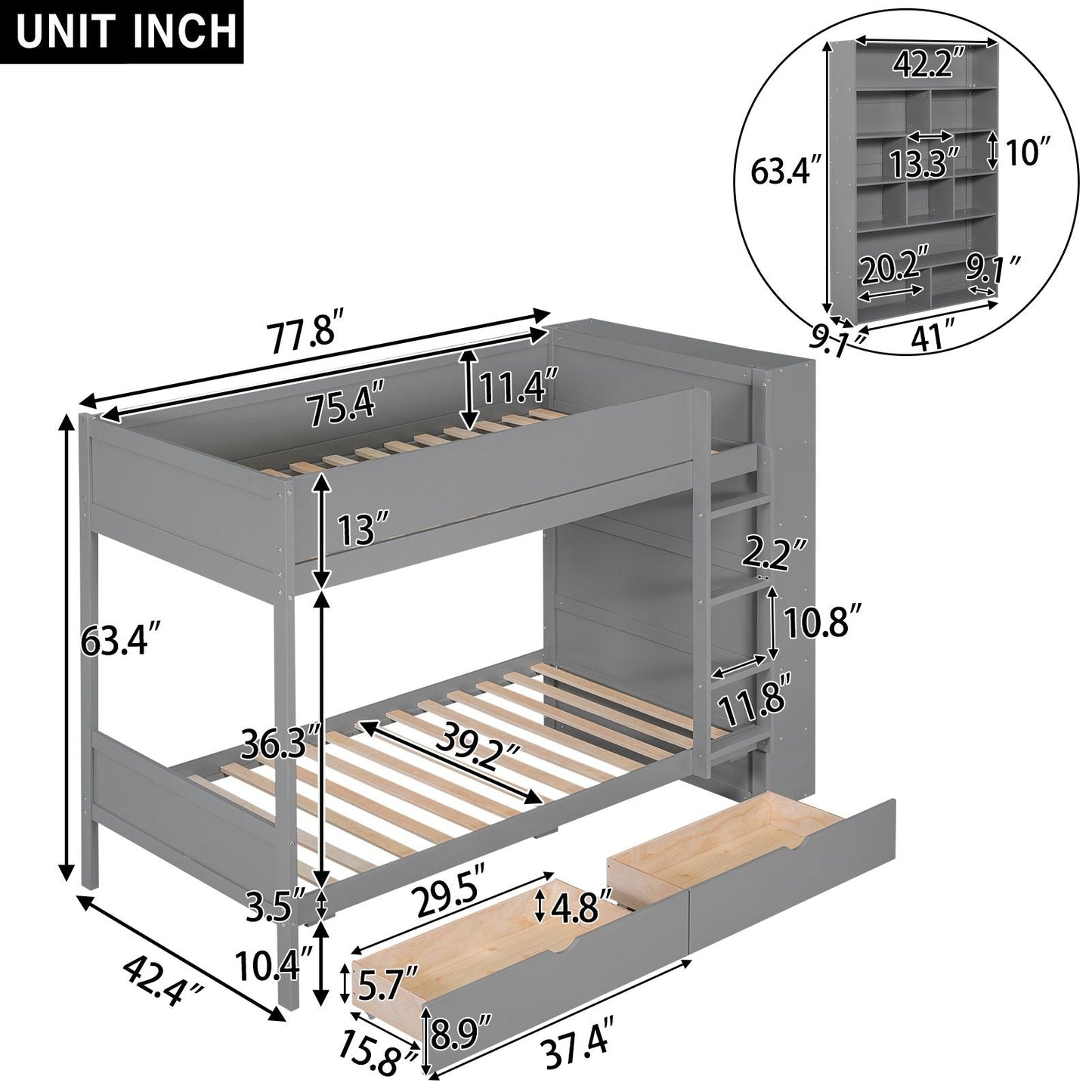 Twin over Twin Bunk Bed With 2 Drawers and Multi-layer Cabinet,  Gray