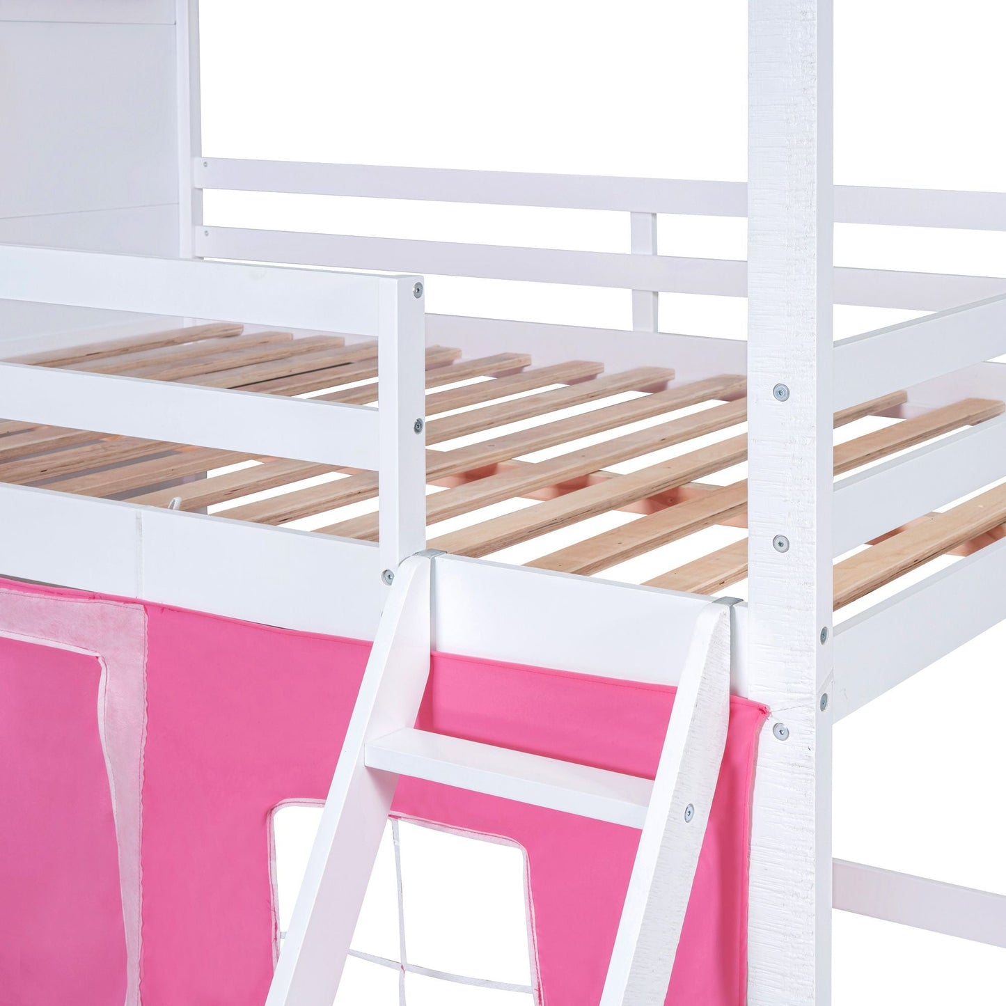 House-Style Full Wood Bunk Bed with Windows, Sills and Tent, Pink and White | Just Better Bunk Beds