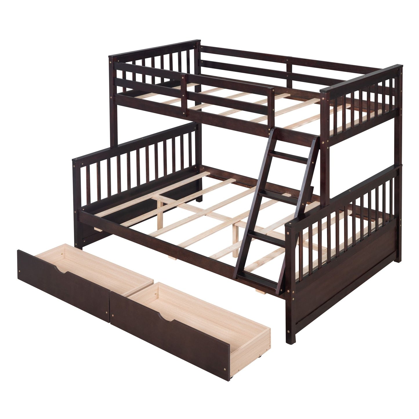 Heavy-Duty Twin Over Full Wood Bunk Bed with Ladder and Two Storage Drawers, Espresso | Just Better Bunk Beds