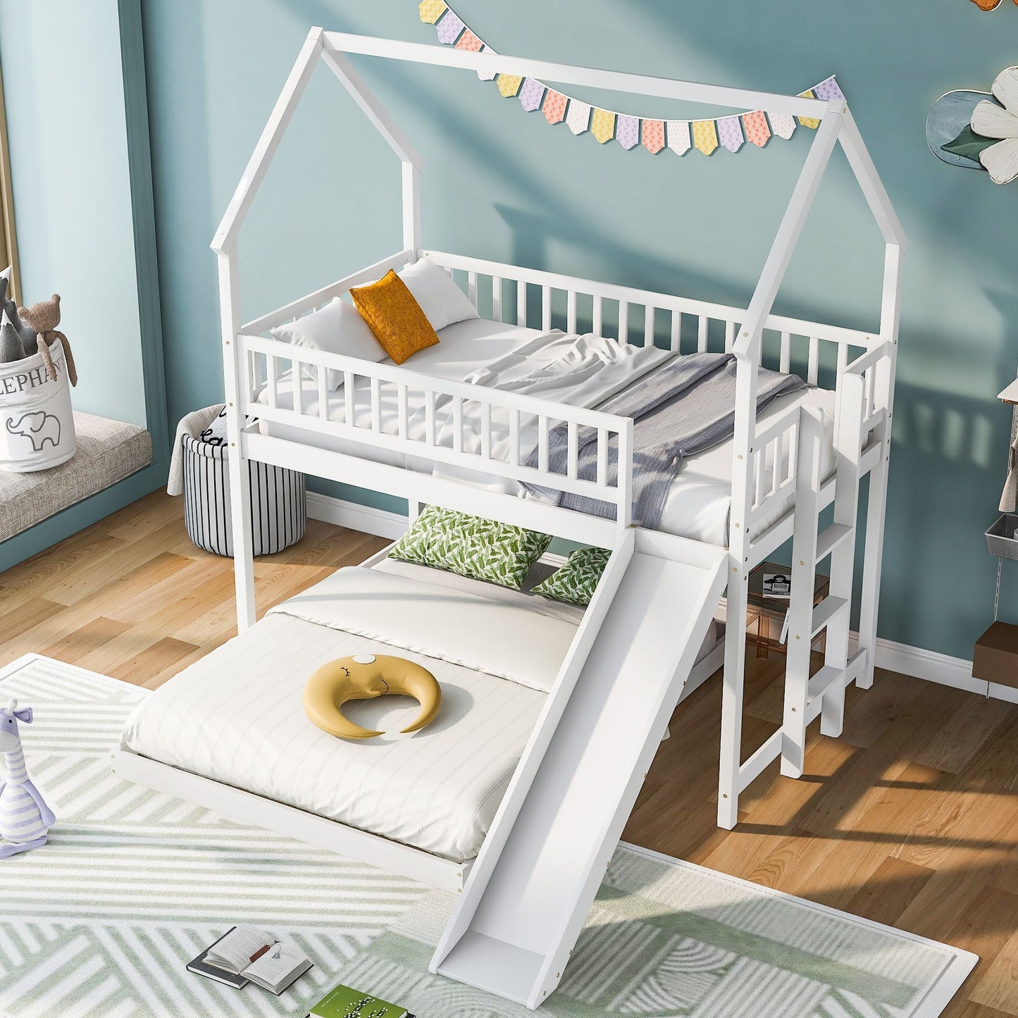 Twin over Full House Bunk Bed with Slide and Built-in Ladder,  Full-Length Guardrail