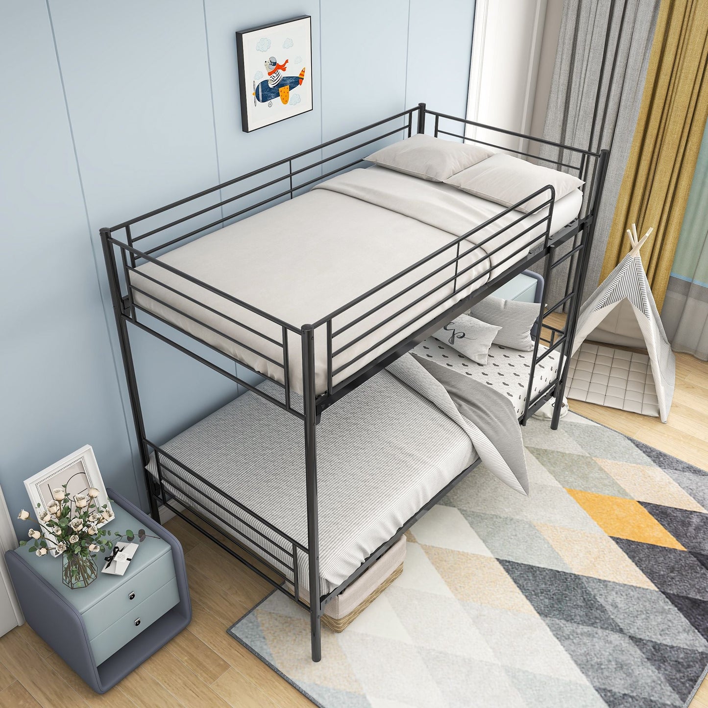 Twin over Twin Bunk Bed,  Metal Frame with Ladder