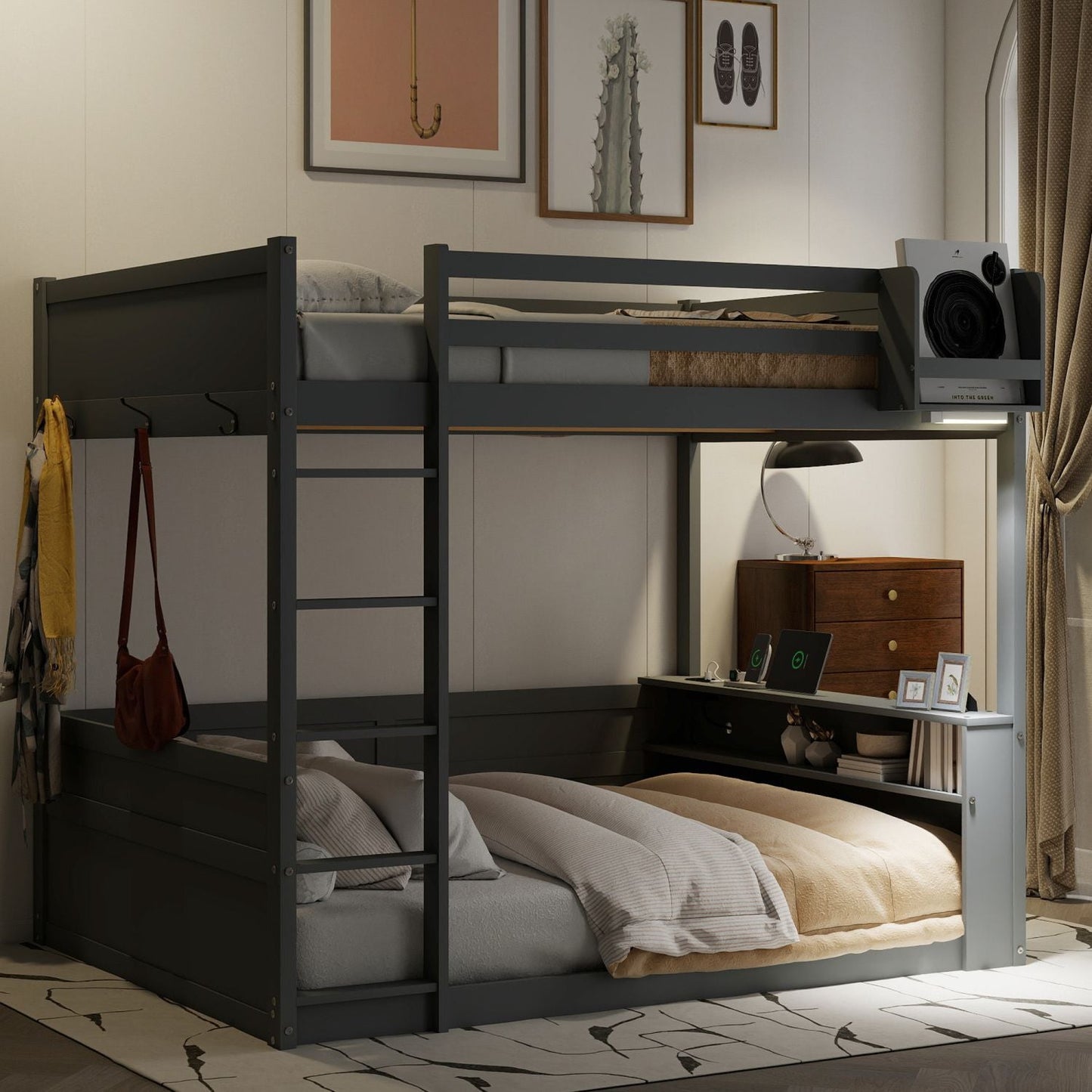 Kids Bedroom Queen Wood Bunk Bed with Built-in Shelves, Storage Box, LED Light, USB Charging, Gray | Just Better Bunk Beds
