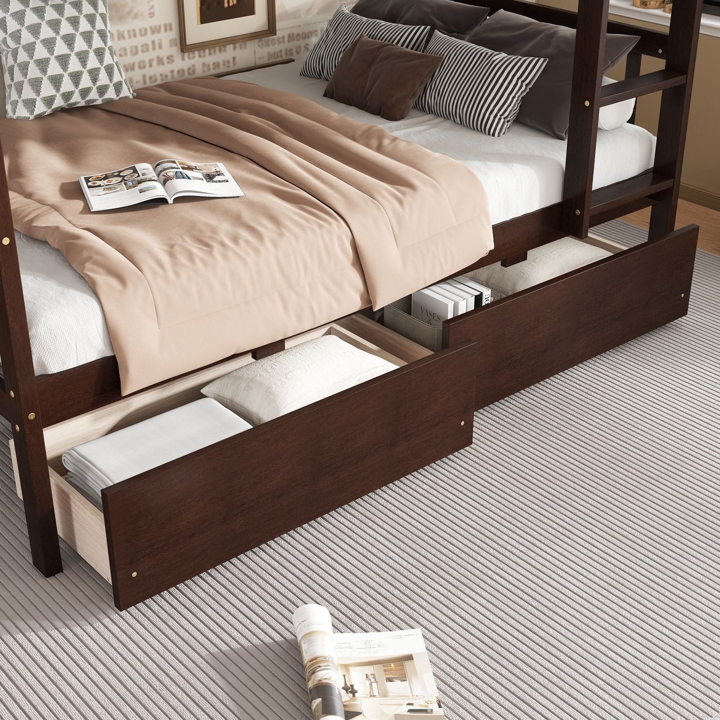 Convertible Twin Over Twin Rubber Wood Bunk Bed with 2 Drawers, Ladder, Safety Guardrails, Gray | Just Better Bunk Beds