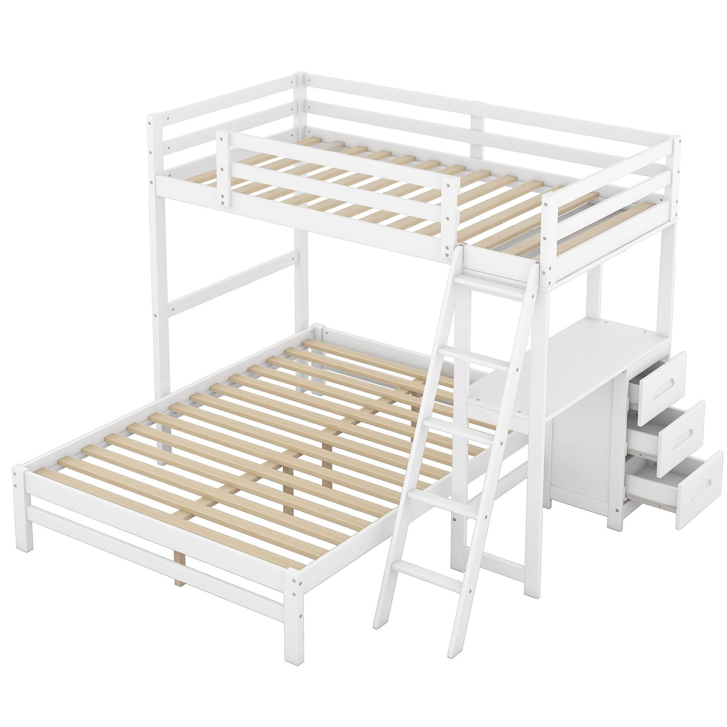 Kids Bedroom Twin Over Full Wood Bunk Bed with Built-in Desk and Three Drawers, White | Just Better Bunk Beds