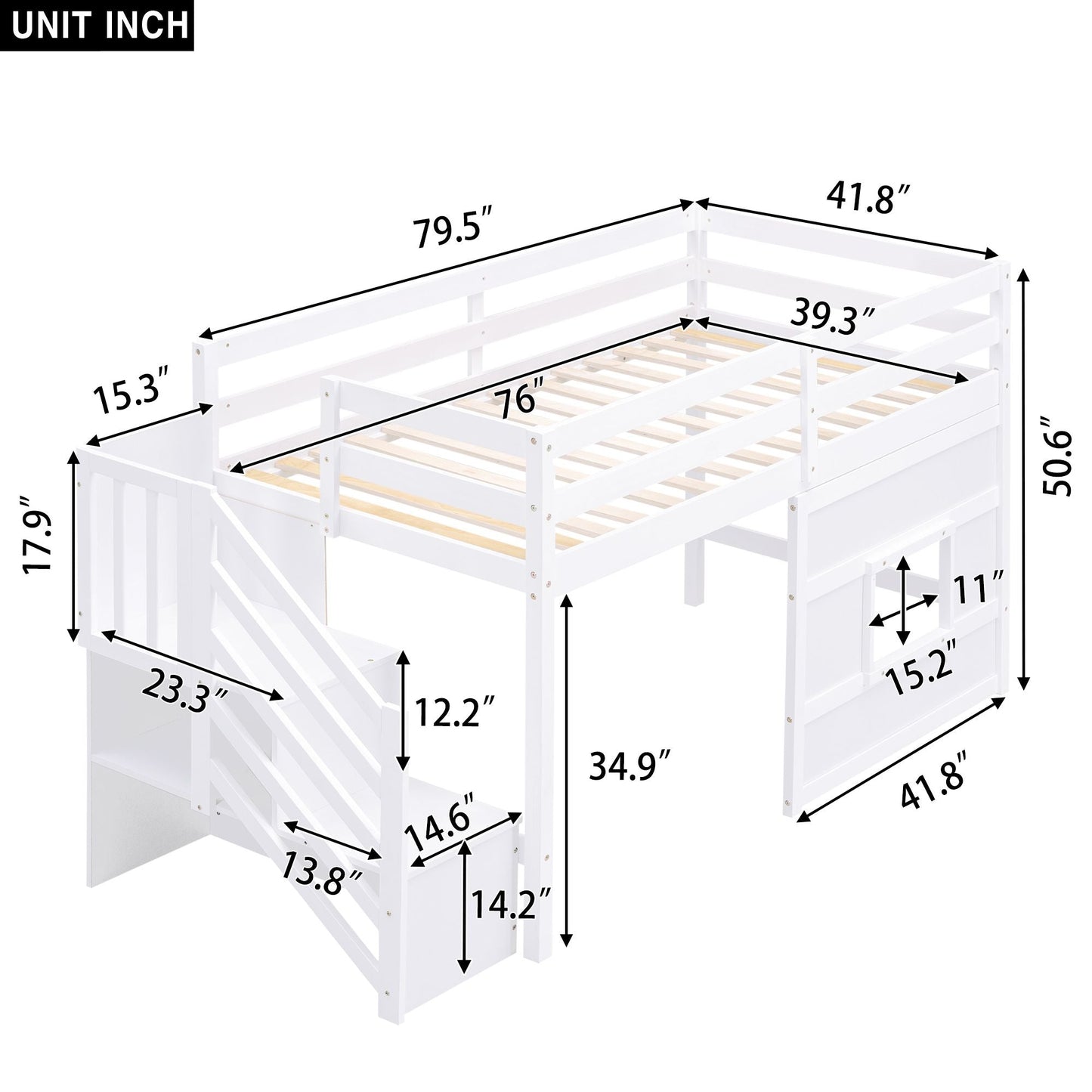 Space-Saving Twin Loft Wood Bed with Storage Staircase and Window, White | Just Better Bunk Beds
