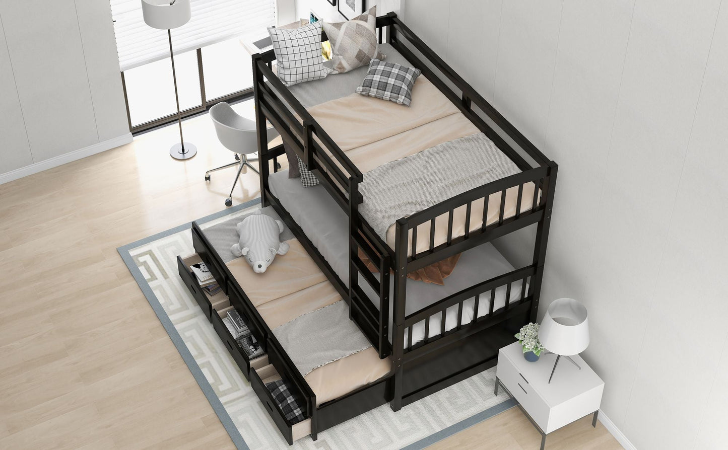 Shared Room Solution Twin Over Twin Wood Bunk Bed with Trundle and Drawers, Espresso | Just Better Bunk Beds