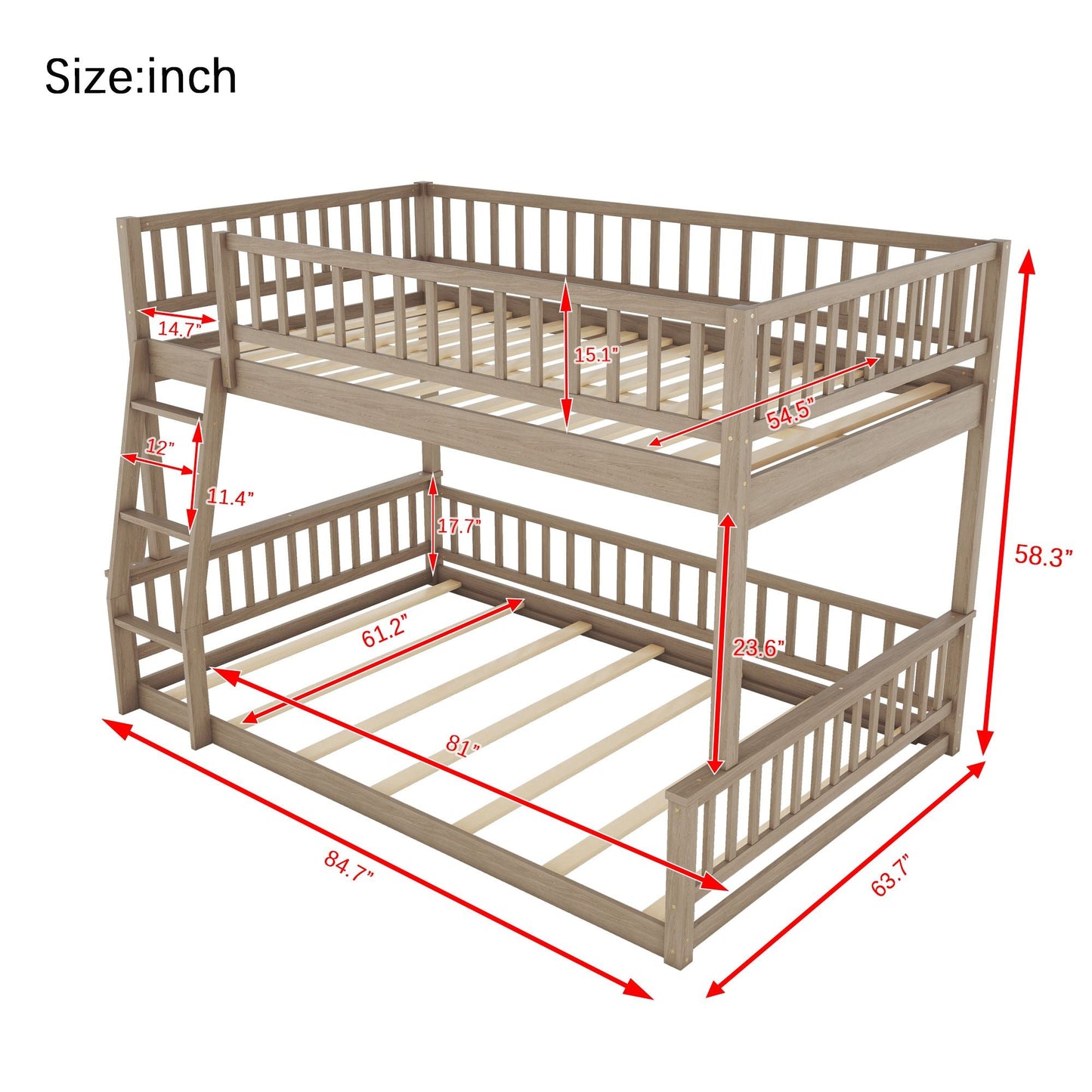 House-Style Full XL Over Queen Wood Bunk Bed with Ladder and Guardrails, Walnut | Just Better Bunk Beds