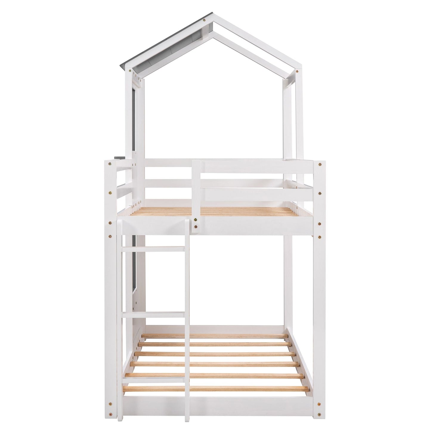 Twin Over Twin Bunk Bed Wood Bed with Roof;  Window;  Guardrail;  Ladder