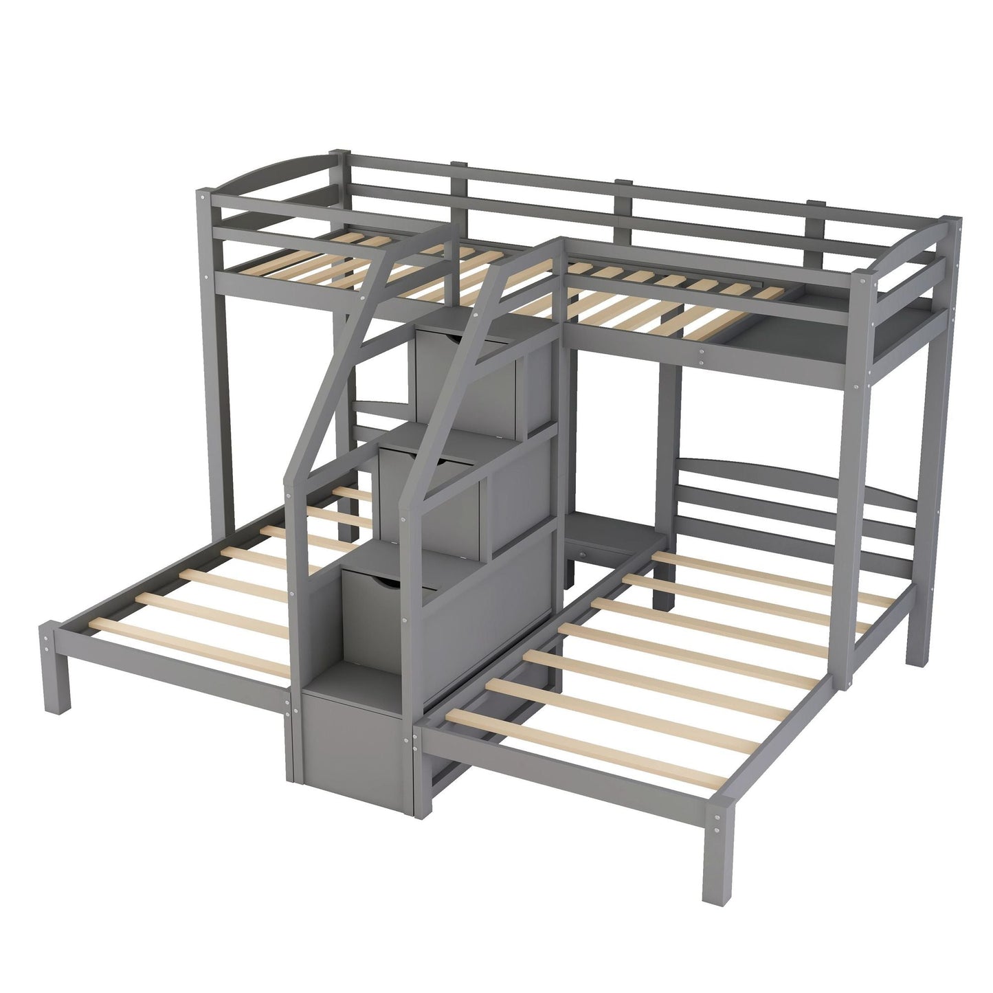Built-In Staircase Twin Over Twin Over Twin Wood Bunk Bed, Gray with Storage Drawer | Just Better Bunk Beds