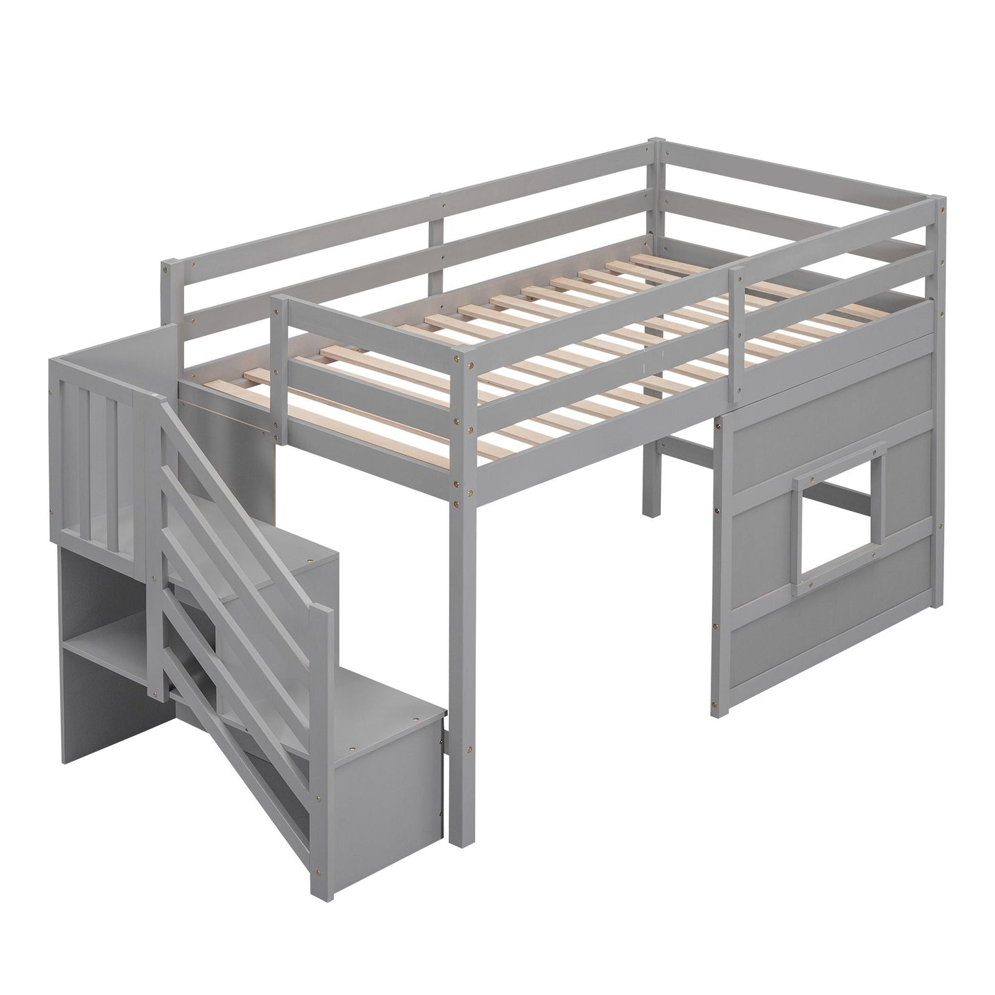 Space-Saving Twin Loft Wood Bed with Storage Staircase and Window, White | Just Better Bunk Beds