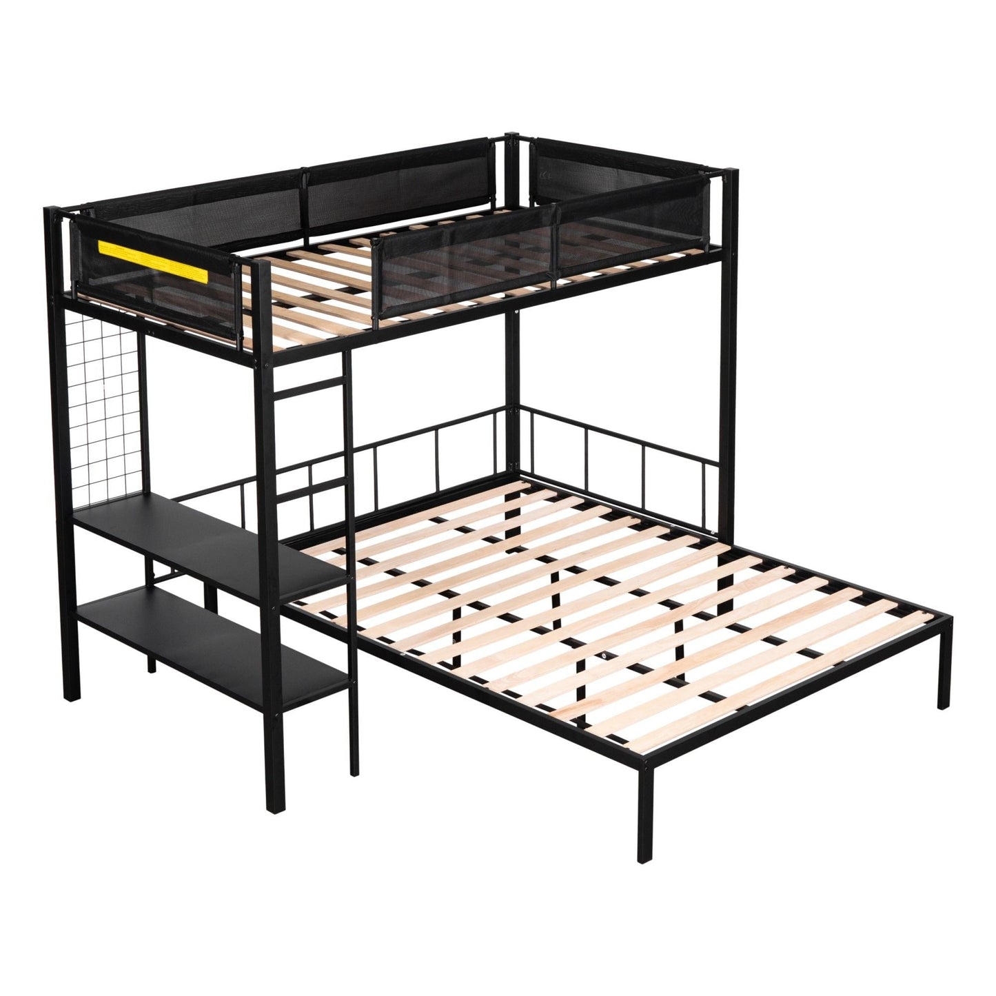 Heavy-Duty Twin Over Full Metal and Wood Bunk Bed with Shelves, Grid Panel, and Noise-Free Wood Slats, Black | Just Better Bunk Beds