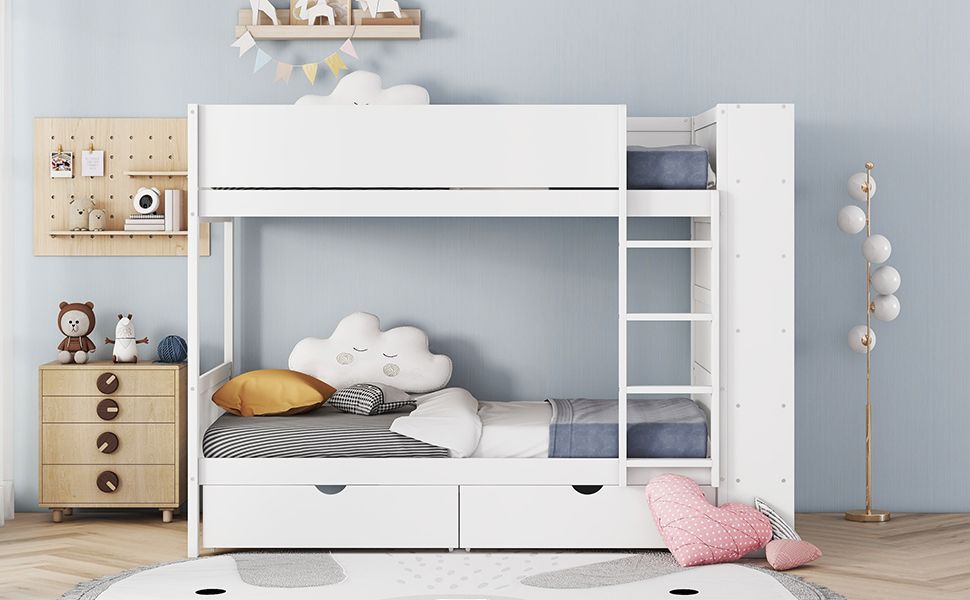 Storage Twin Over Twin Wood Bunk Bed with 2 Drawers and Multi-Layer Cabinet, White | Just Better Bunk Beds