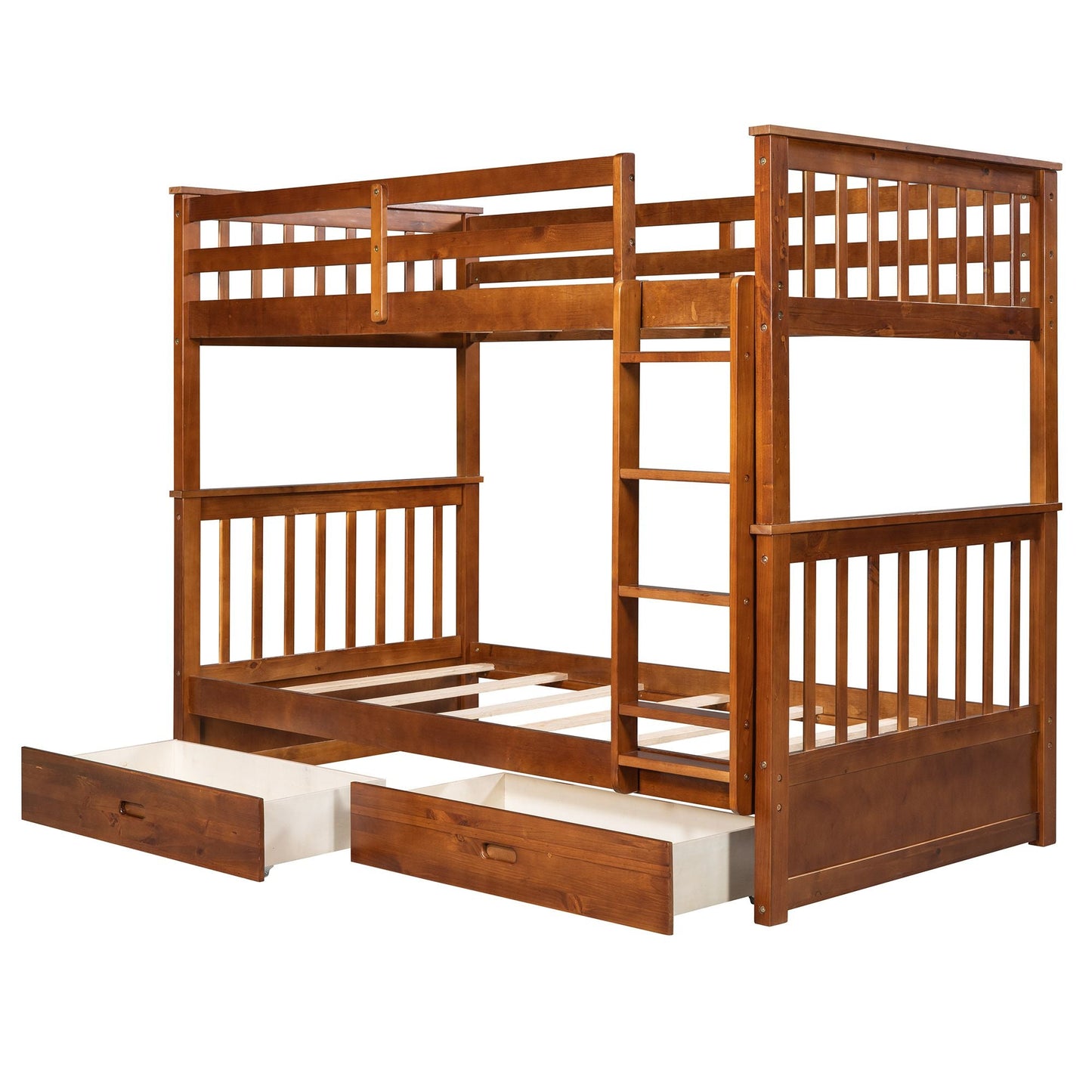 Storage-Enhanced Twin Over Twin Wood Bunk Bed with Ladders, Two Drawers, White | Just Better Bunk Beds