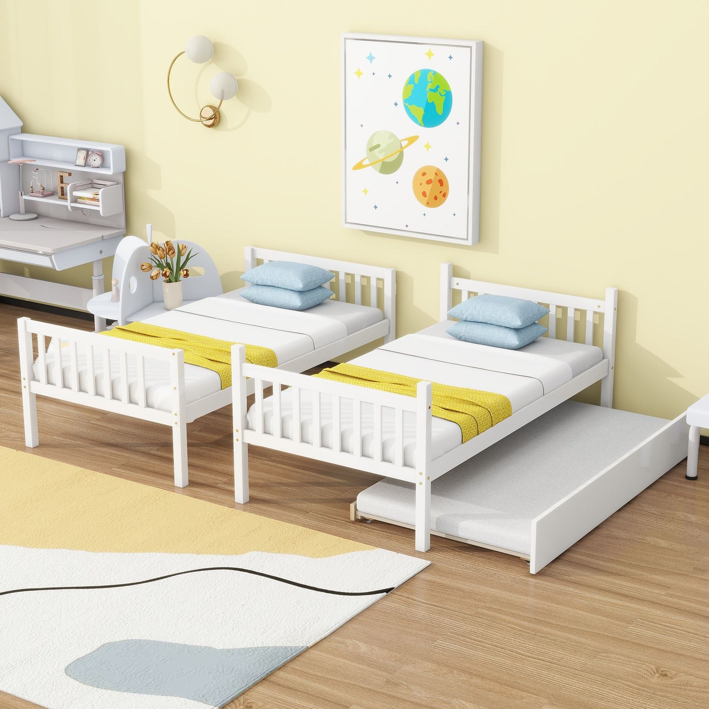 Space-Saving Twin Over Twin Rubber Wood Bunk Bed with Trundle, Convertible Beds, Ladder, Guardrails, White | Just Better Bunk Beds