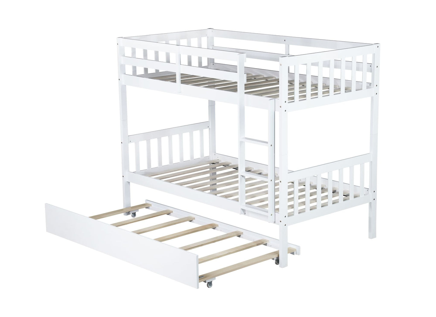 Space-Saving Twin Over Twin Rubber Wood Bunk Bed with Trundle, Convertible Beds, Ladder, Guardrails, White | Just Better Bunk Beds