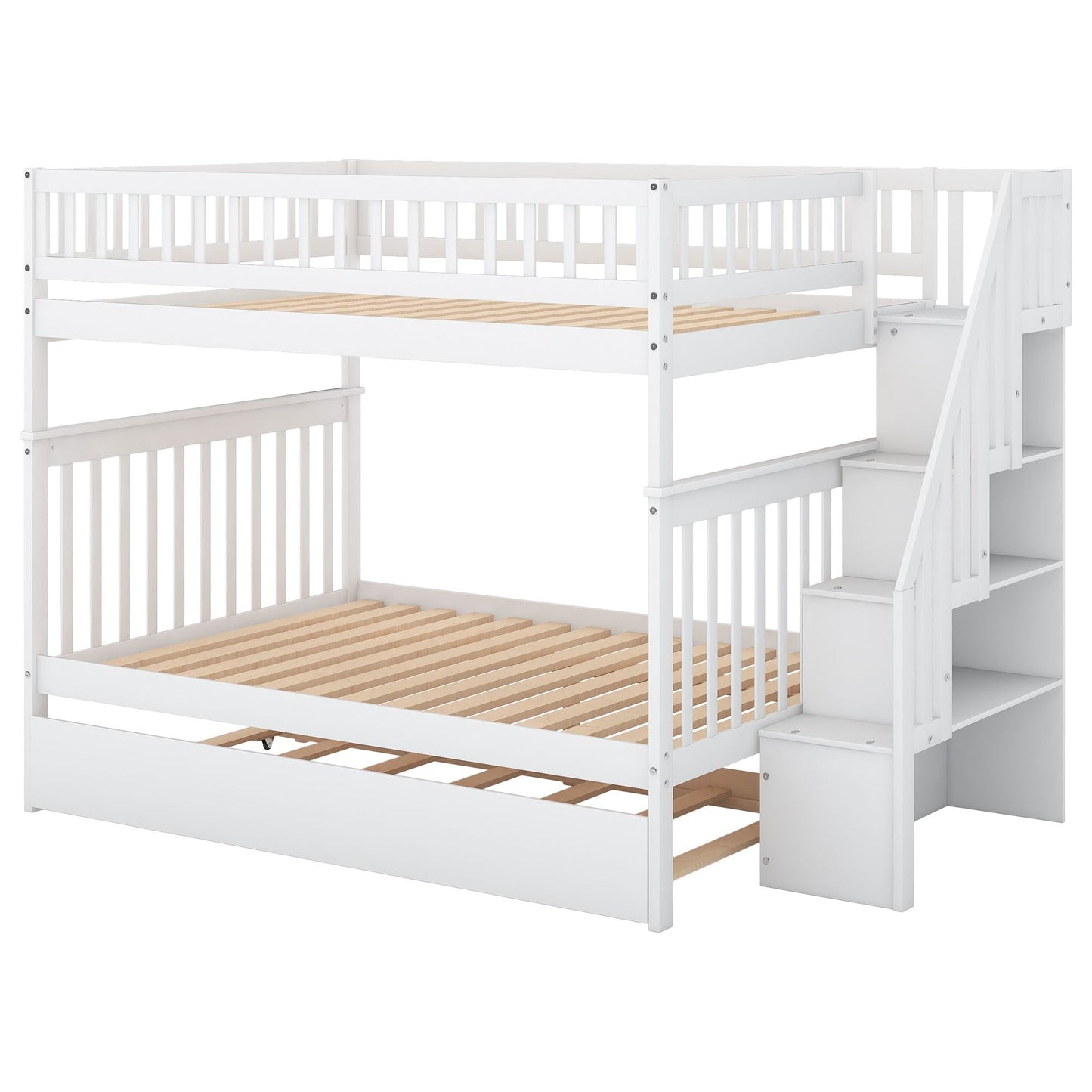 Staircase Storage Full Over Full Wood Bunk Bed with Trundle, White | Just Better Bunk Beds