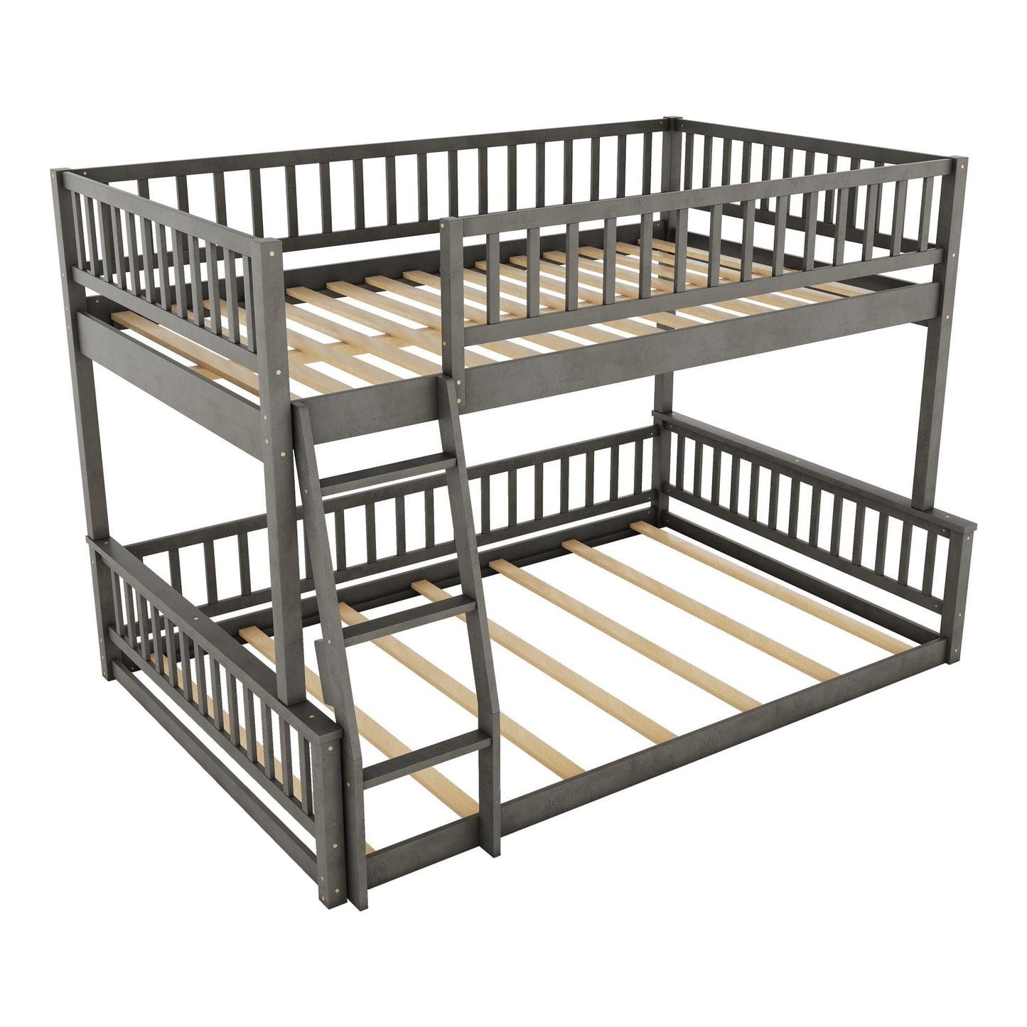 Space-Saving Full XL Over Queen Wood Bunk Bed with Ladder and Guardrails, Gray | Just Better Bunk Beds