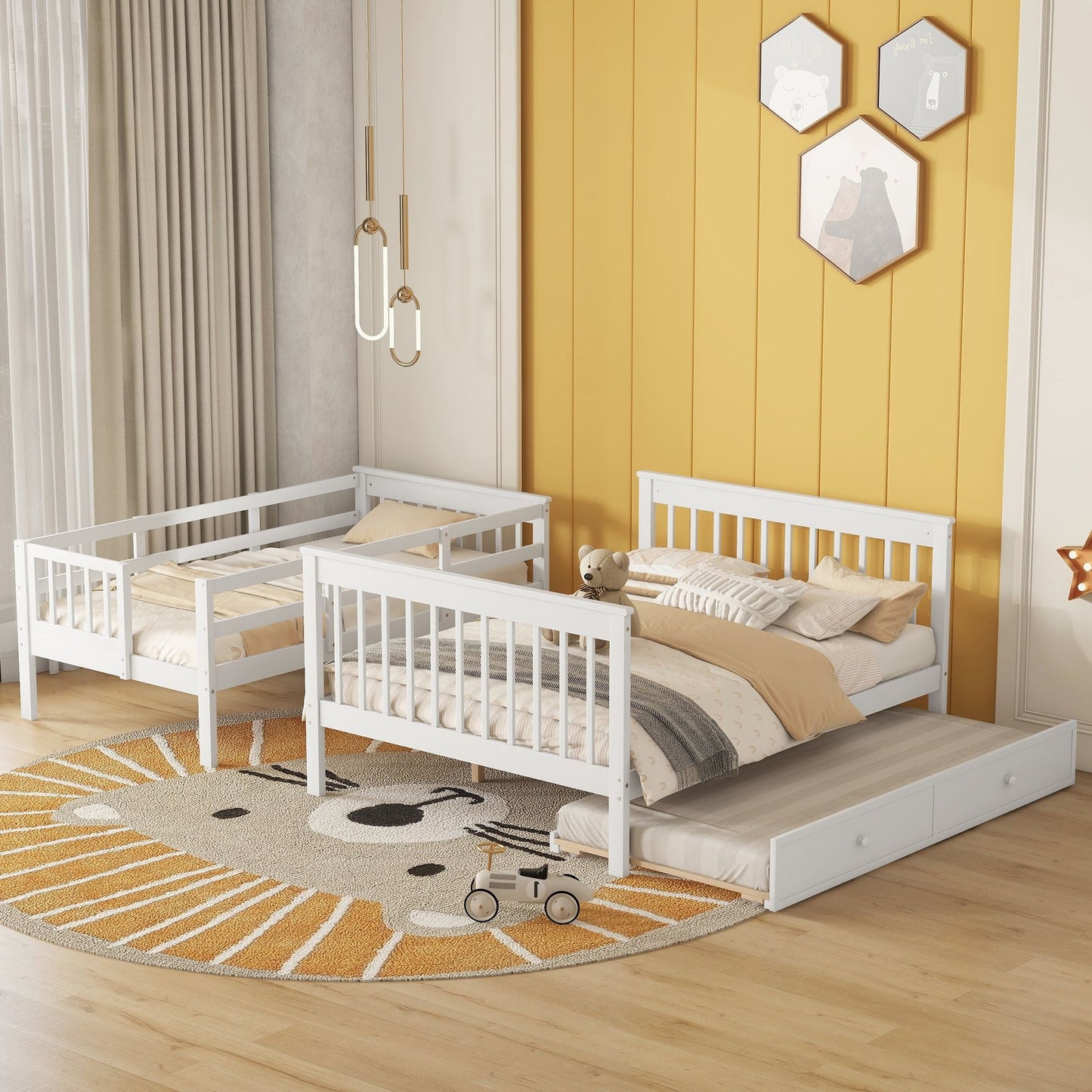 Staircase Storage Twin Over Full Wood Bunk Bed with Trundle, Storage, and Guard Rail, White | Just Better Bunk Beds