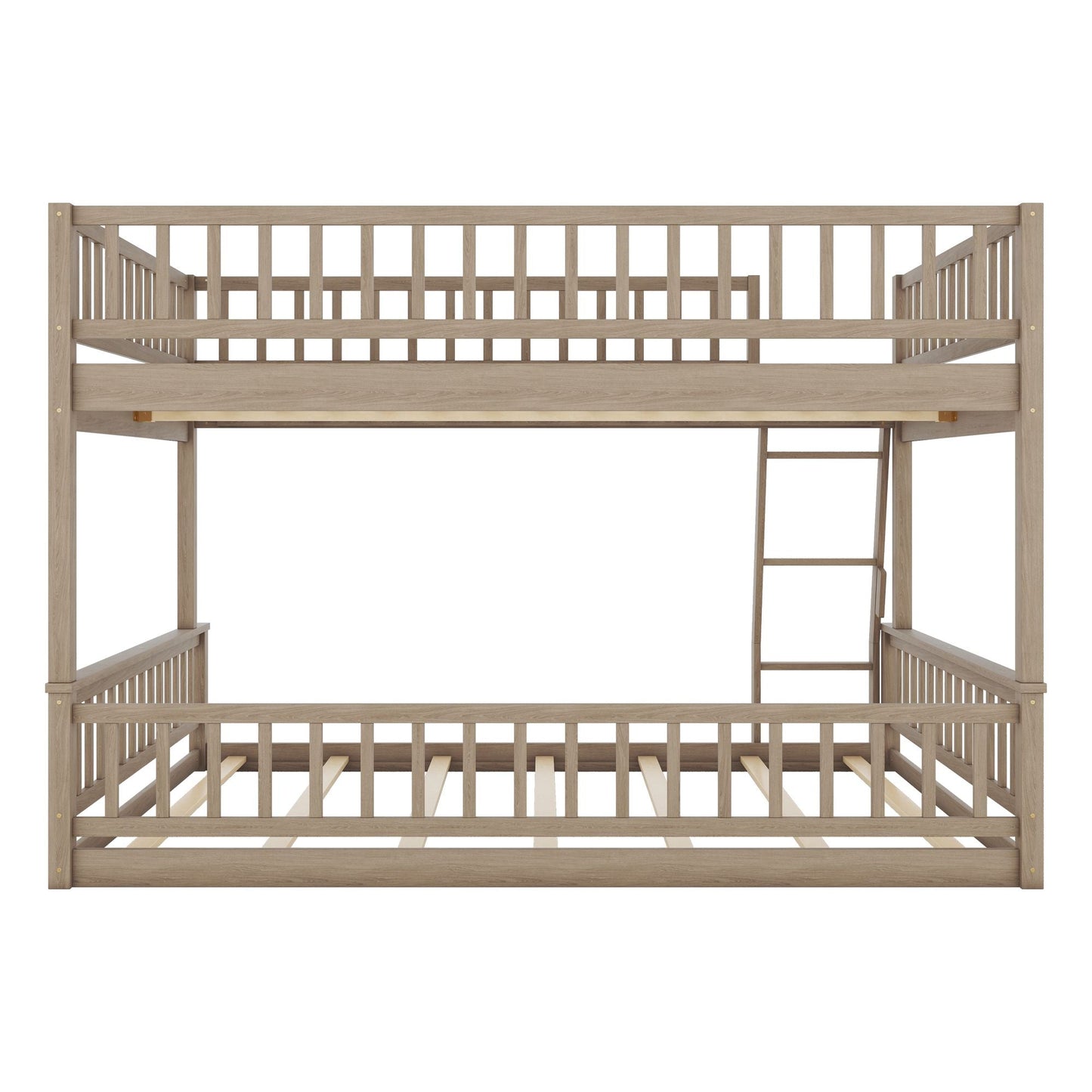 House-Style Full XL Over Queen Wood Bunk Bed with Ladder and Guardrails, Walnut | Just Better Bunk Beds