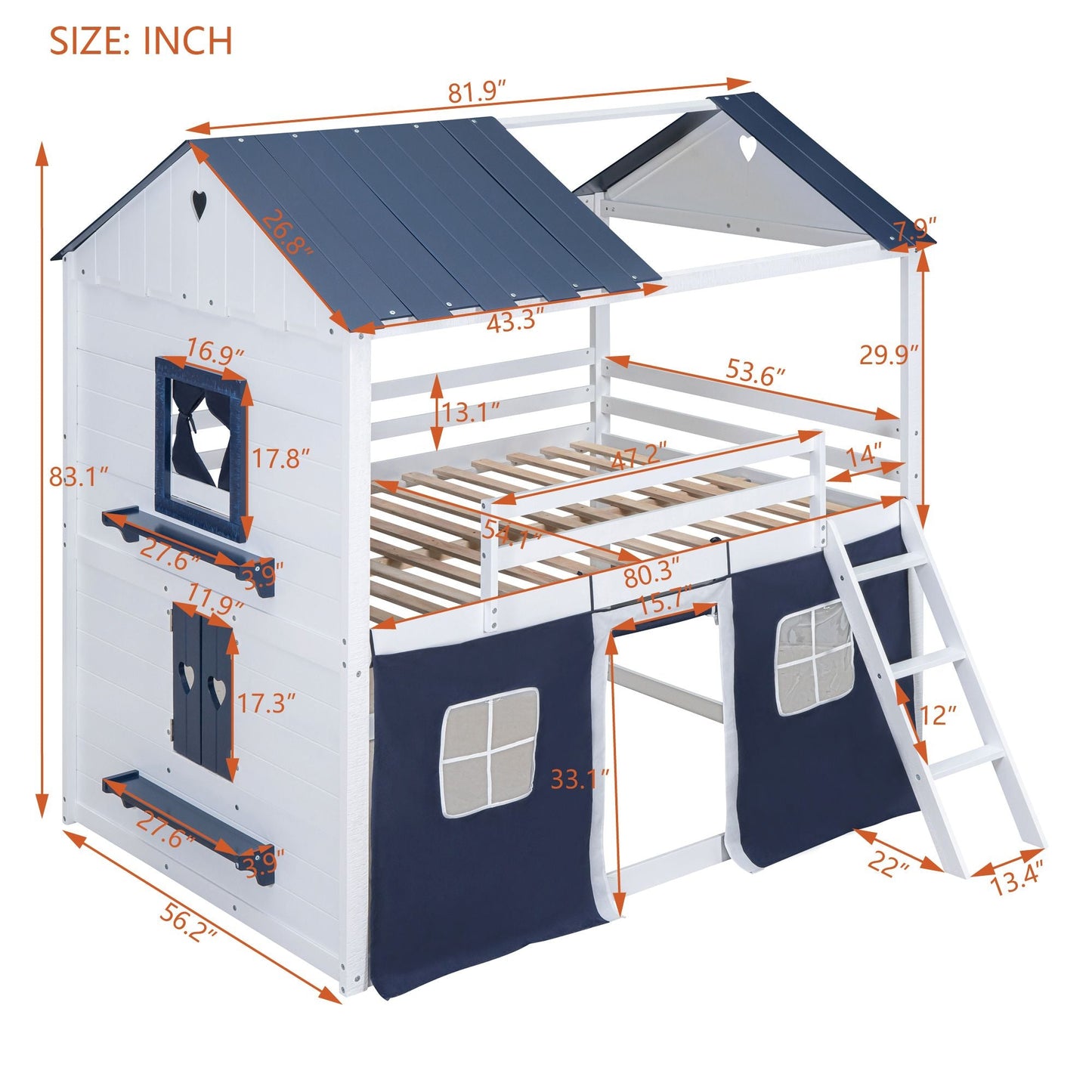 Kids Bedroom Full Wood House-Style Bunk Bed with Windows and Tent, Blue White | Just Better Bunk Beds