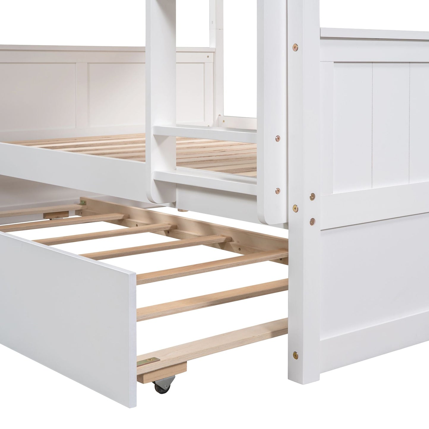 Shared Room Solution Full Over Full Wood Bunk Bed with Twin Trundle, White | Just Better Bunk Beds