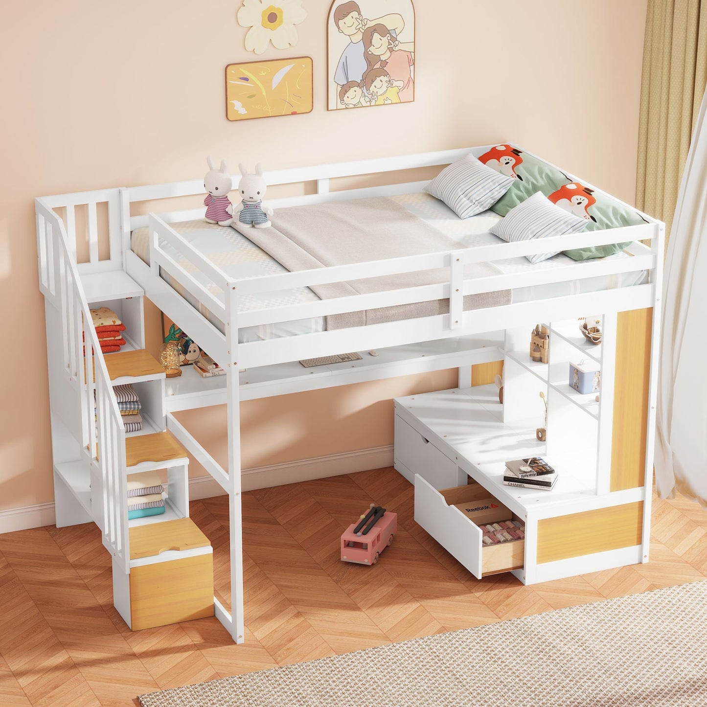 Space-Saving Full Wood Loft Bed with Desk, Shelves, Drawers, Storage Staircase, White and Natural | Just Better Bunk Beds