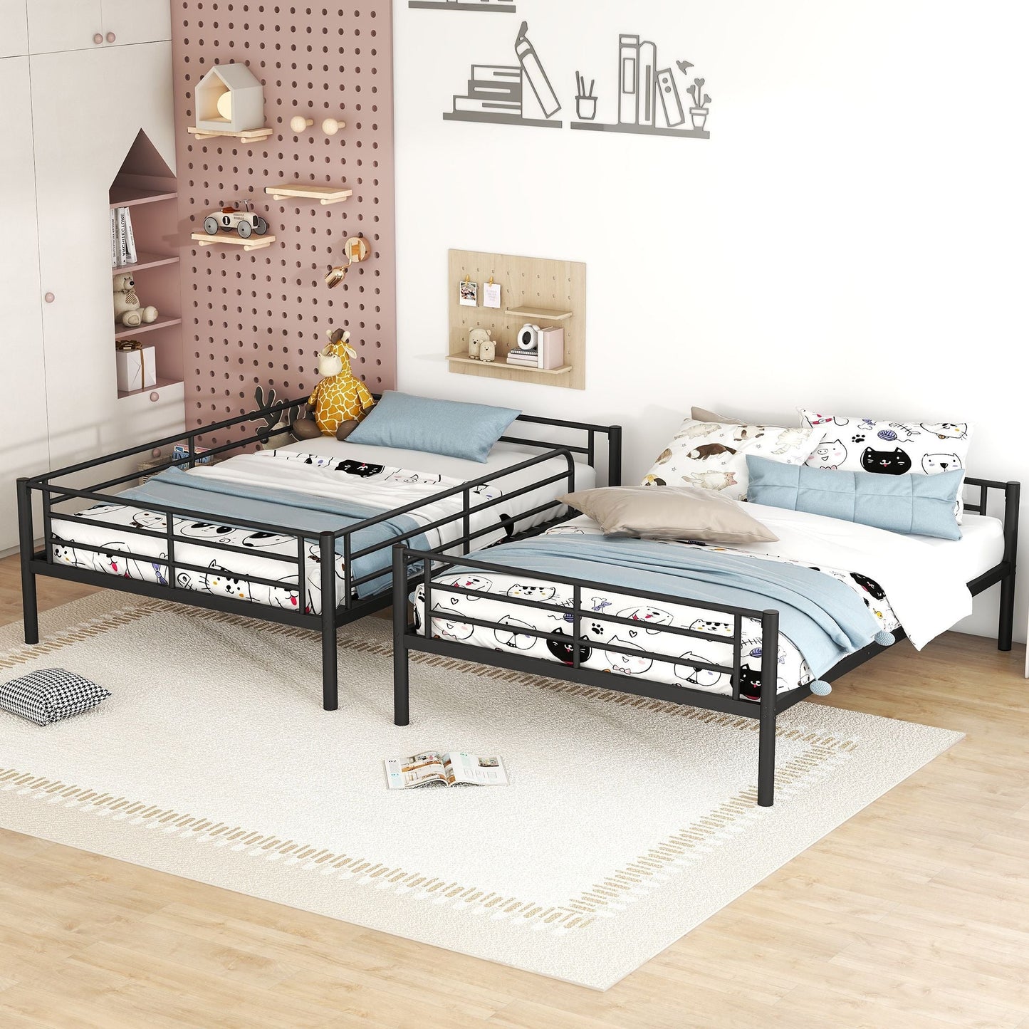 Heavy-Duty Full Over Full Metal Bunk Bed with Safety Guardrails and Ladder, Space-Saving Design, Black | Just Better Bunk Beds