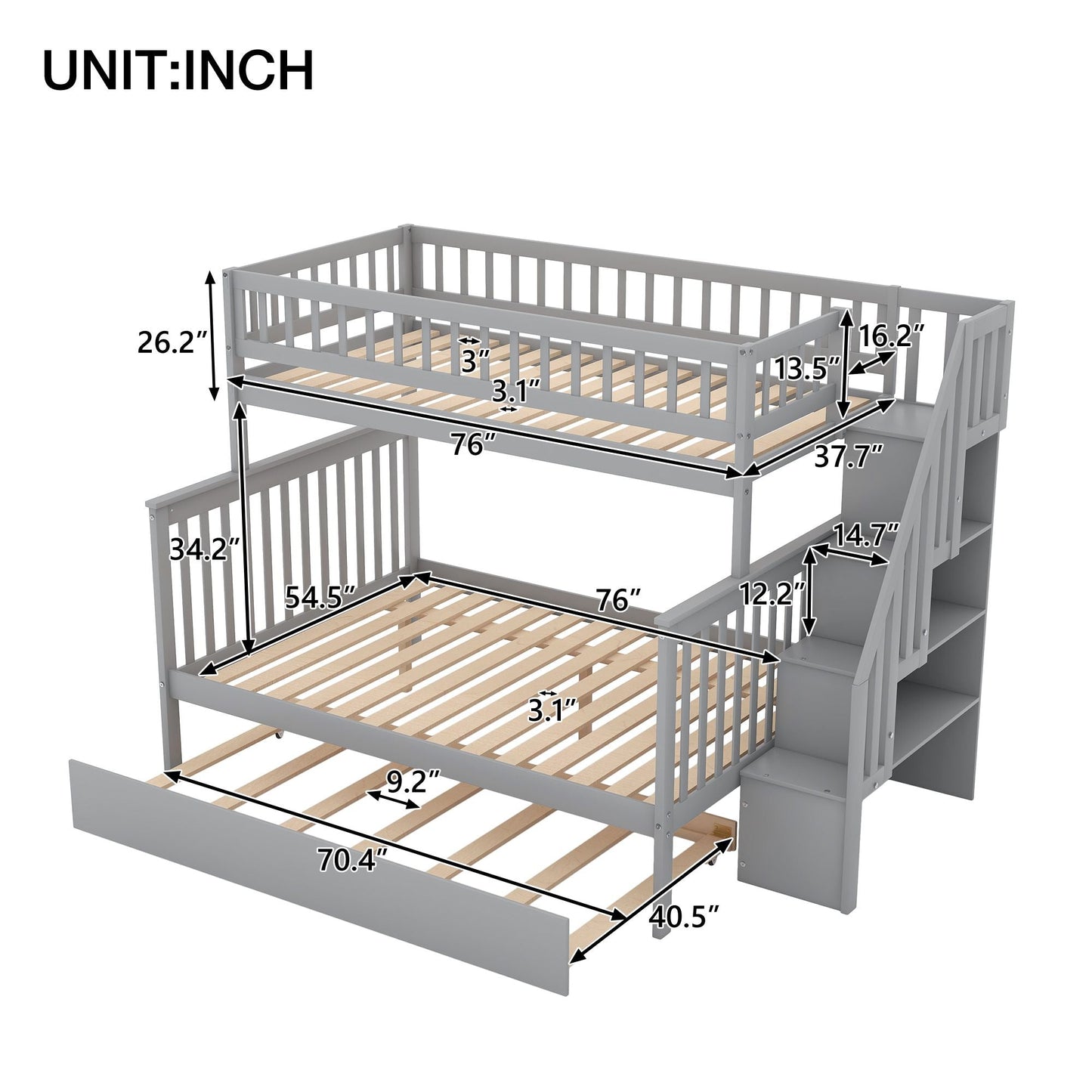 Staircase Storage Twin Over Full Wood Bunk Bed with Trundle, Gray | Just Better Bunk Beds