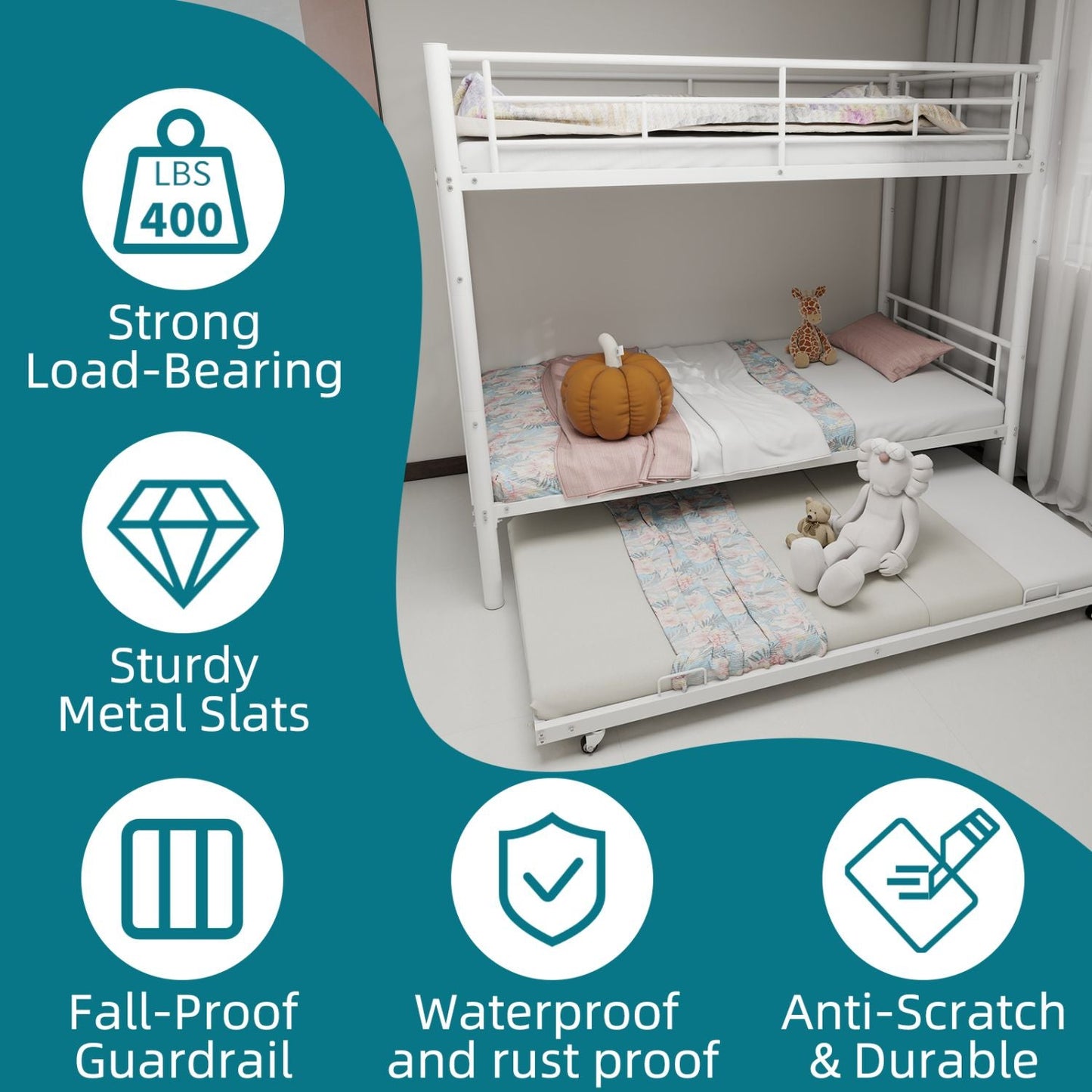 Heavy-duty Sturdy Meta Twin over Twin Bunk Bed/l/ Noise Reduced/ Safety Guardrail/No Box Spring Needed, White