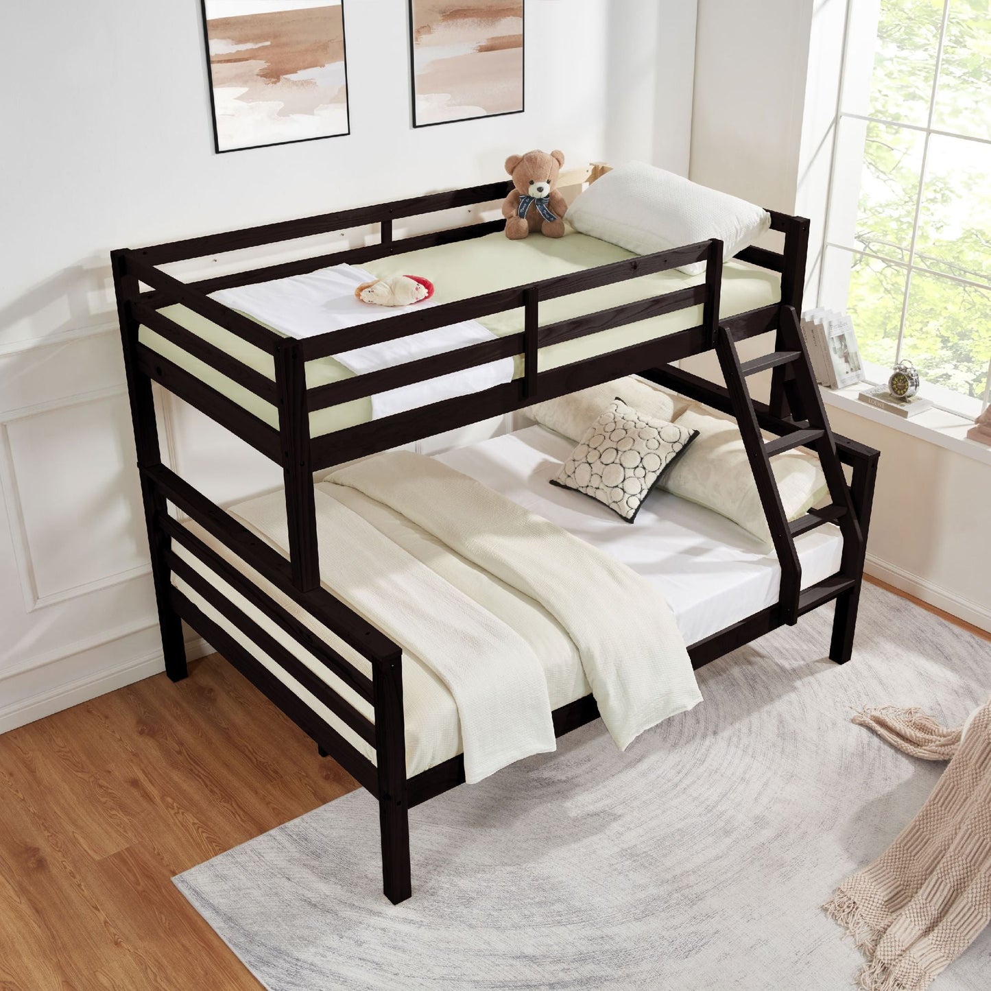 Durable Twin Over Full Wood Bunk Bed with Thick Posts, High Guardrail, Ladder, Espresso | Just Better Bunk Beds