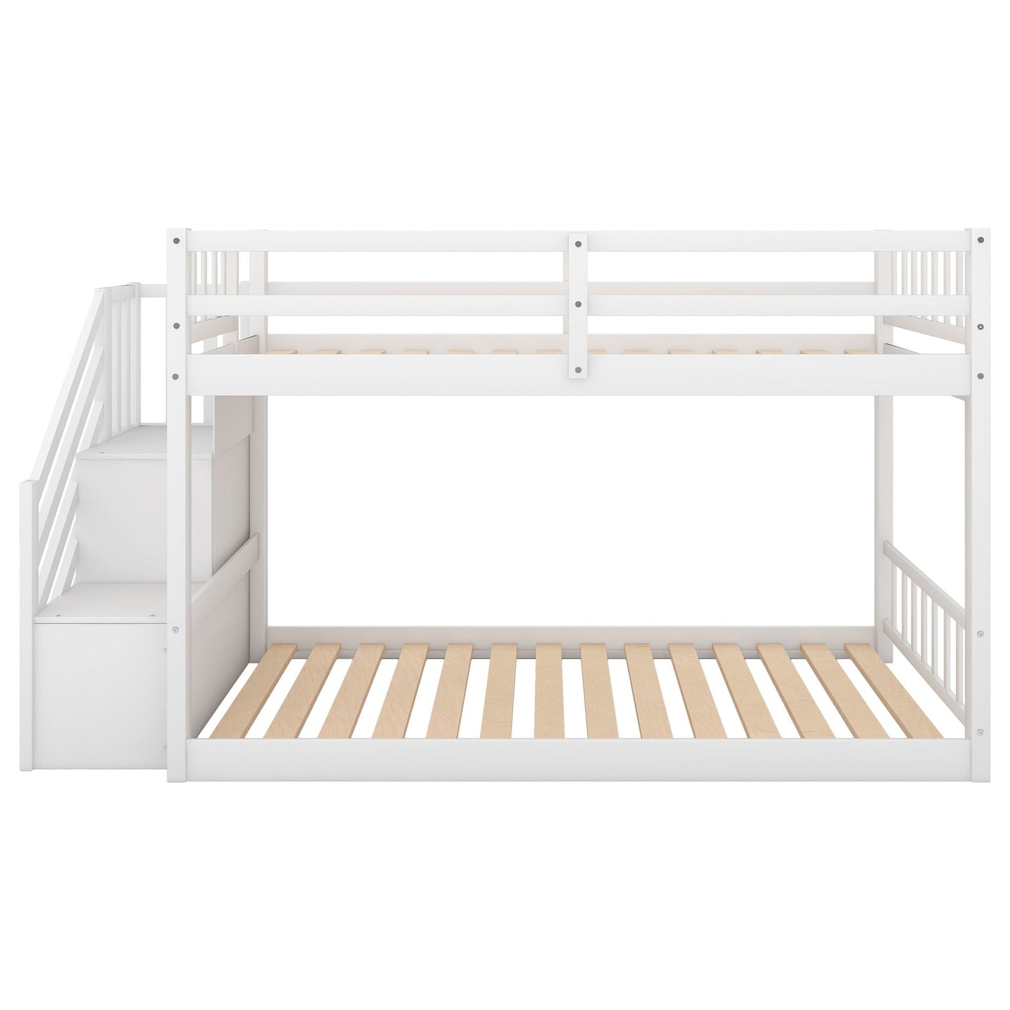 Floor-Level Twin Over Twin Wood Bunk Bed with Ladder and Storage, White | Just Better Bunk Beds
