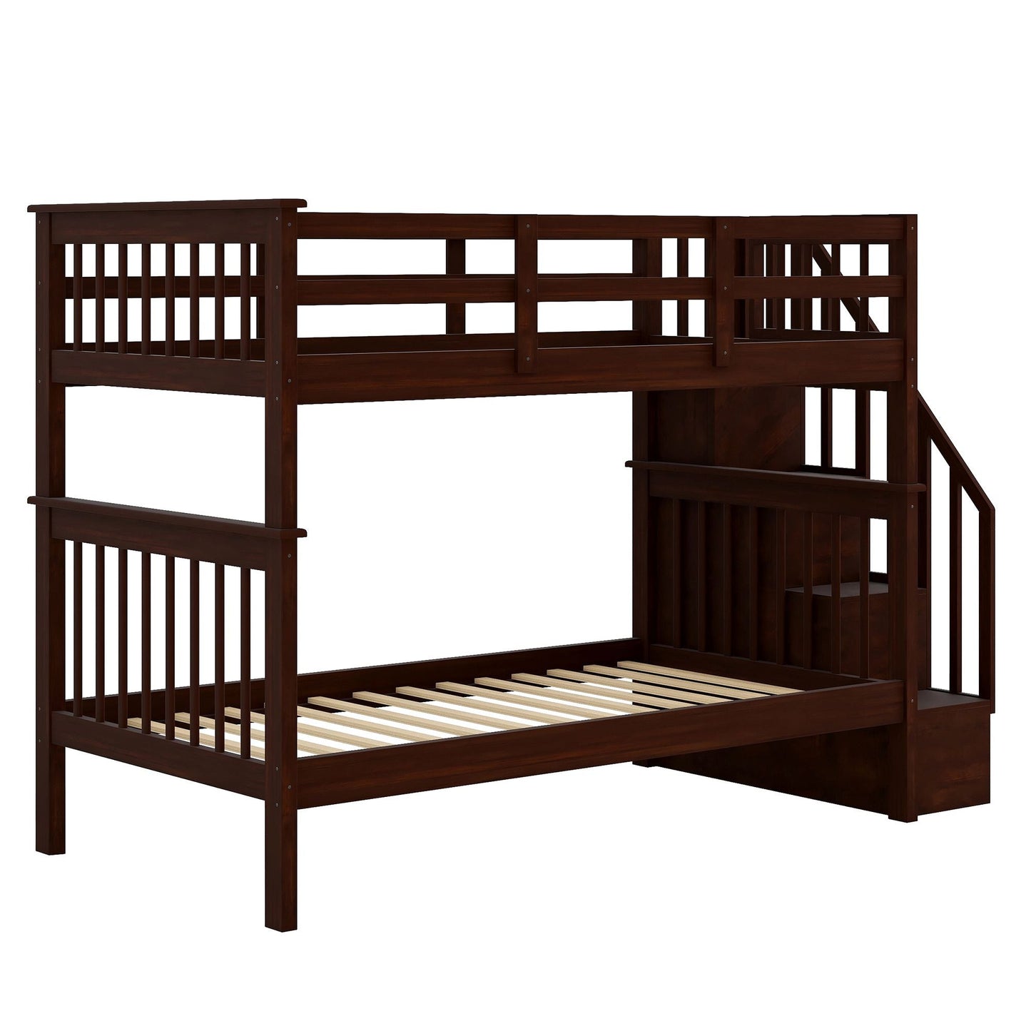 Staircase Storage Twin Over Twin Wood Bunk Bed, Espresso | Just Better Bunk Beds