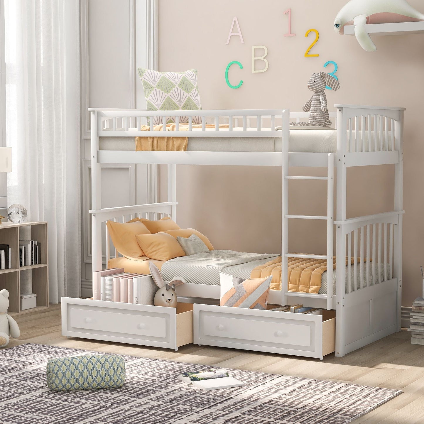 Twin over Twin Bunk Bed with Drawers,  Convertible Beds,  White