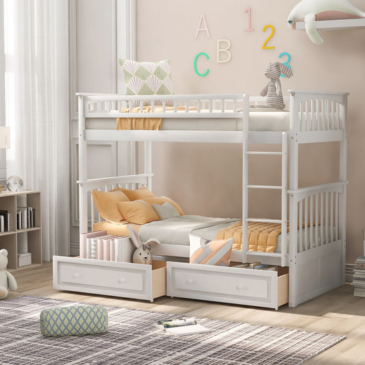 Twin over Twin Bunk Bed with Drawers,  Convertible Beds,  White