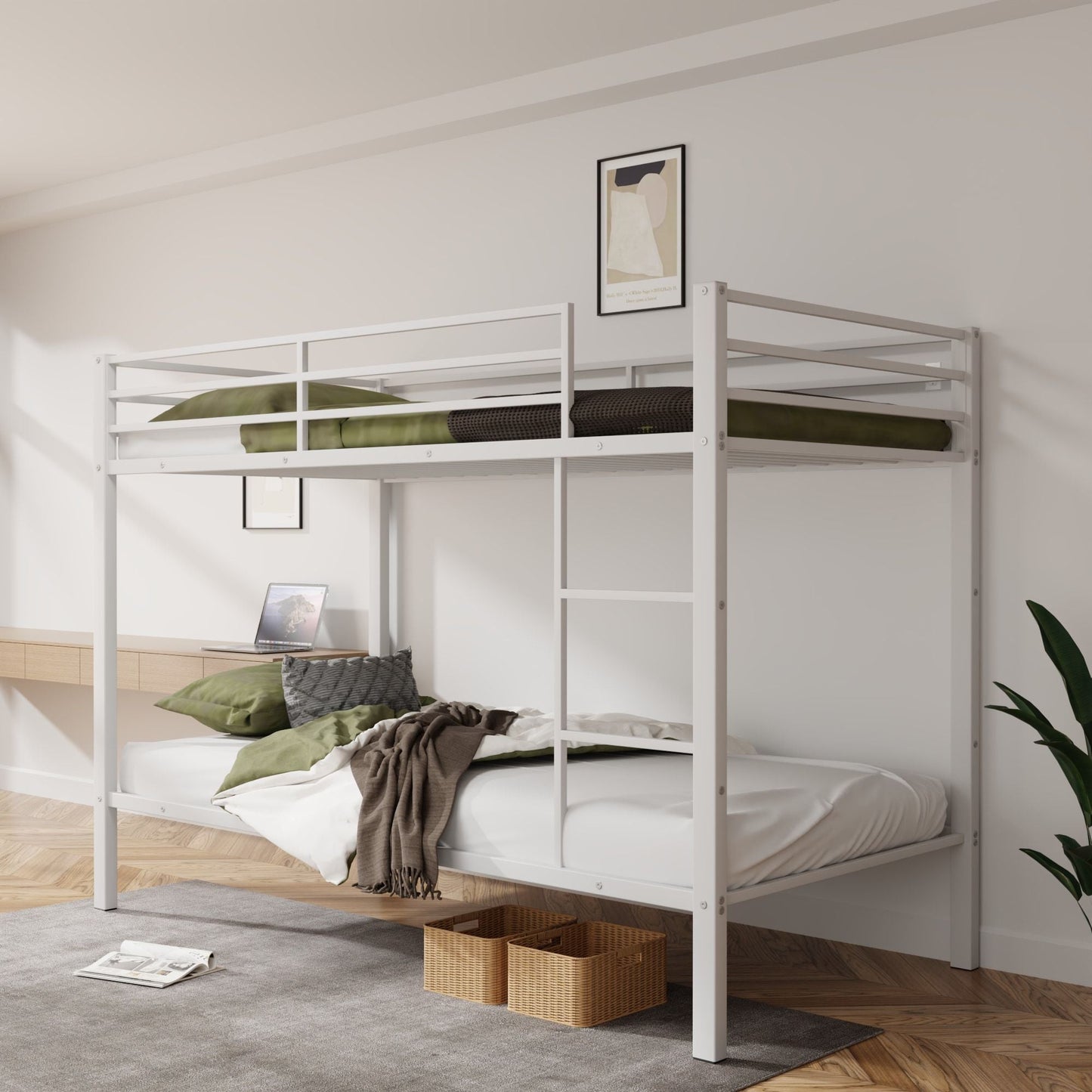 Space-Saving Low Profile Twin Over Twin Metal Bunk Bed with Ladder, White | Just Better Bunk Beds