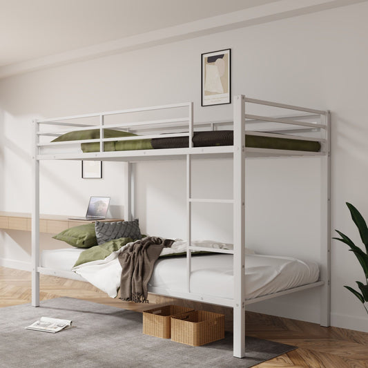 Space-Saving Low Profile Twin Over Twin Metal Bunk Bed with Ladder, White | Just Better Bunk Beds