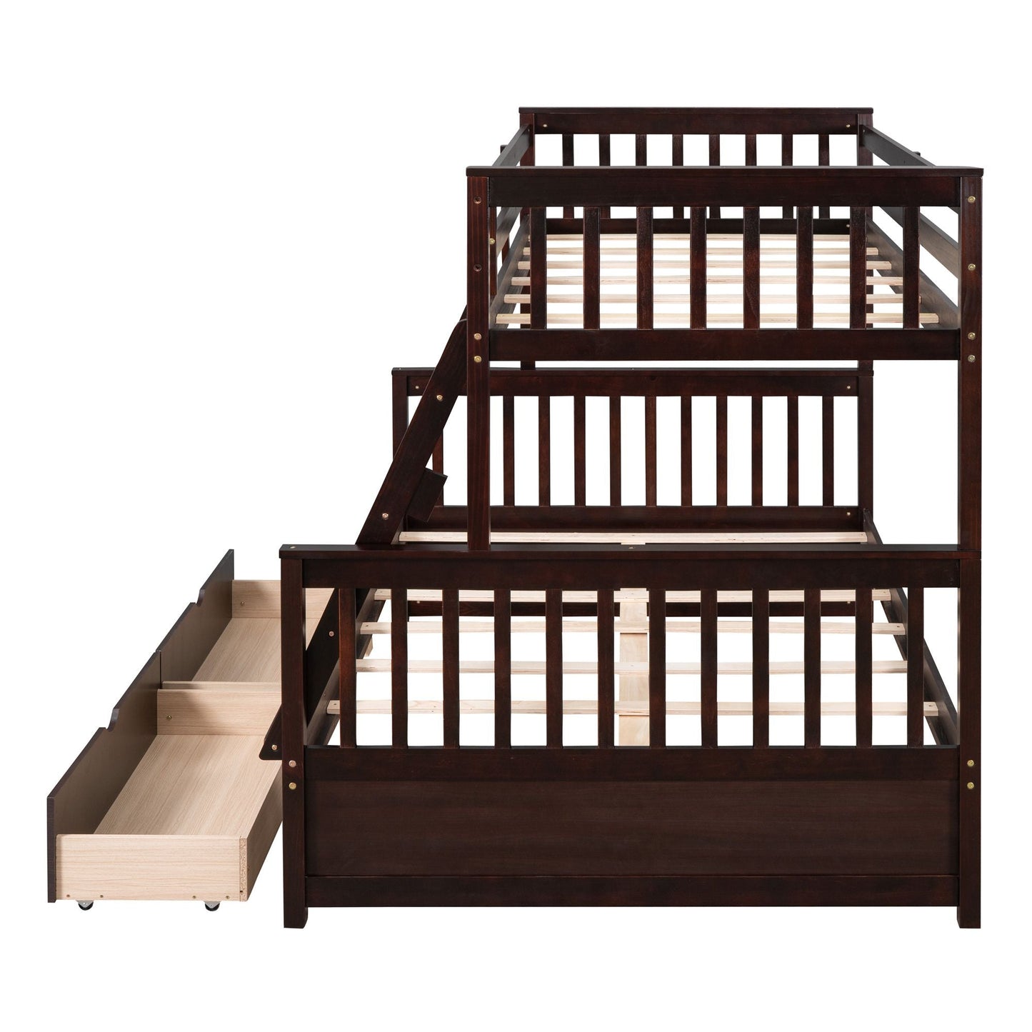Heavy-Duty Twin Over Full Wood Bunk Bed with Ladder and Two Storage Drawers, Espresso | Just Better Bunk Beds