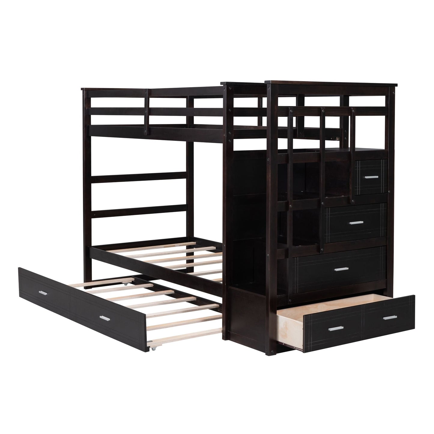 Shared Room Solution Twin Over Twin Wood Bunk Bed with Trundle and Staircase, Espresso | Just Better Bunk Beds