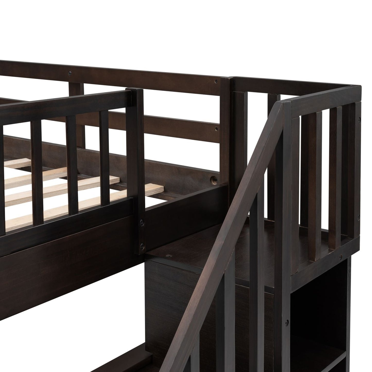 Staircase Storage Full Over Full Wood Bunk Bed with Storage and Guard Rail, Espresso | Just Better Bunk Beds
