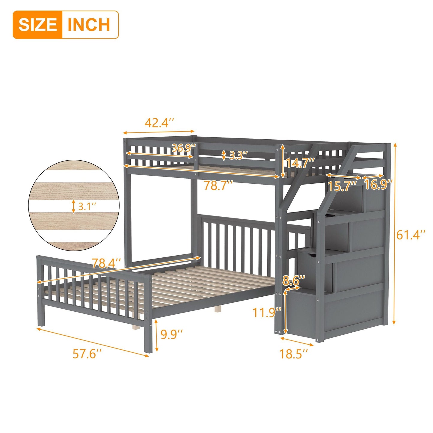 Space-Saving Twin Over Full Wood Loft Bed with Staircase, Gray | Just Better Bunk Beds